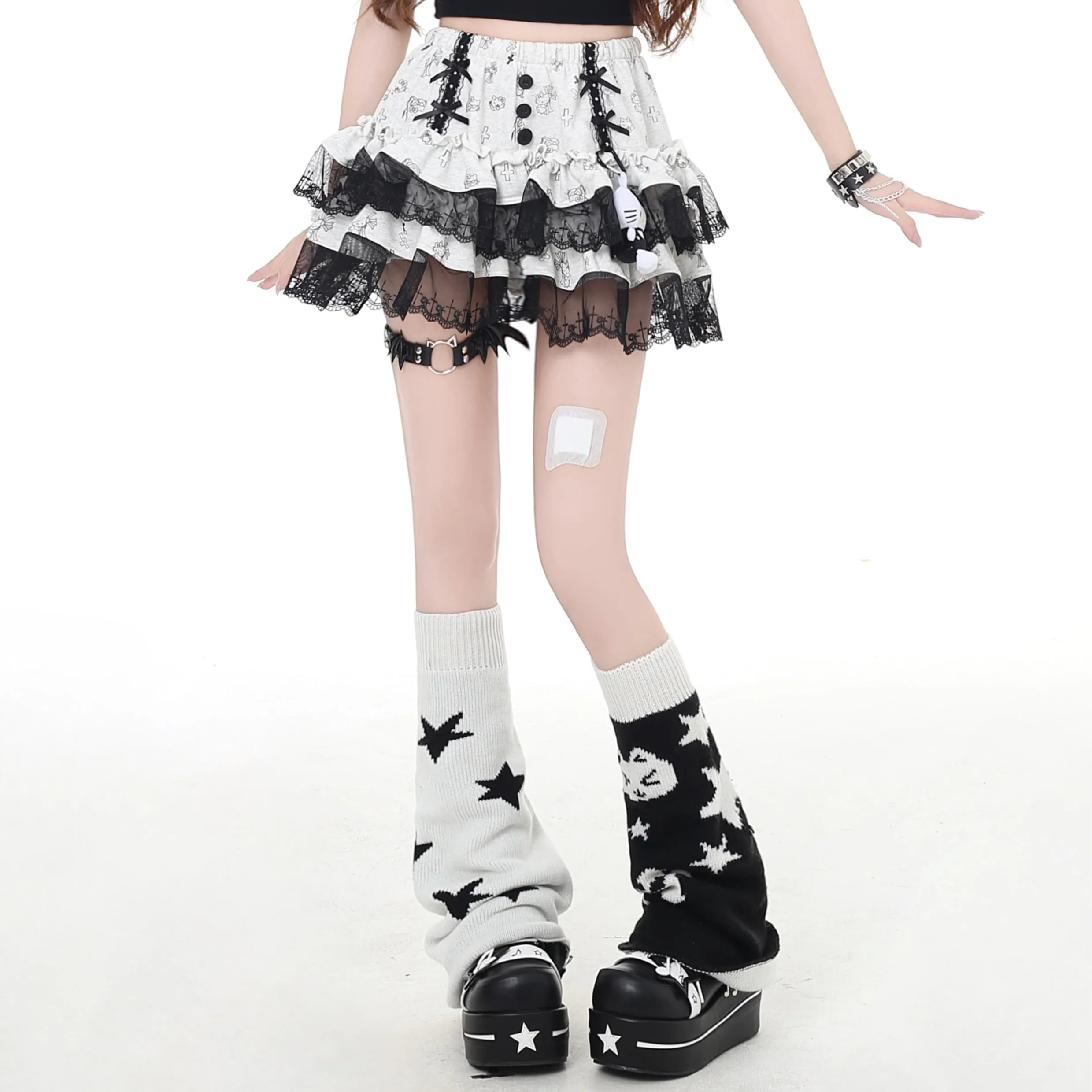 Crazy Girl Kitty Cross Print Black White Skirt