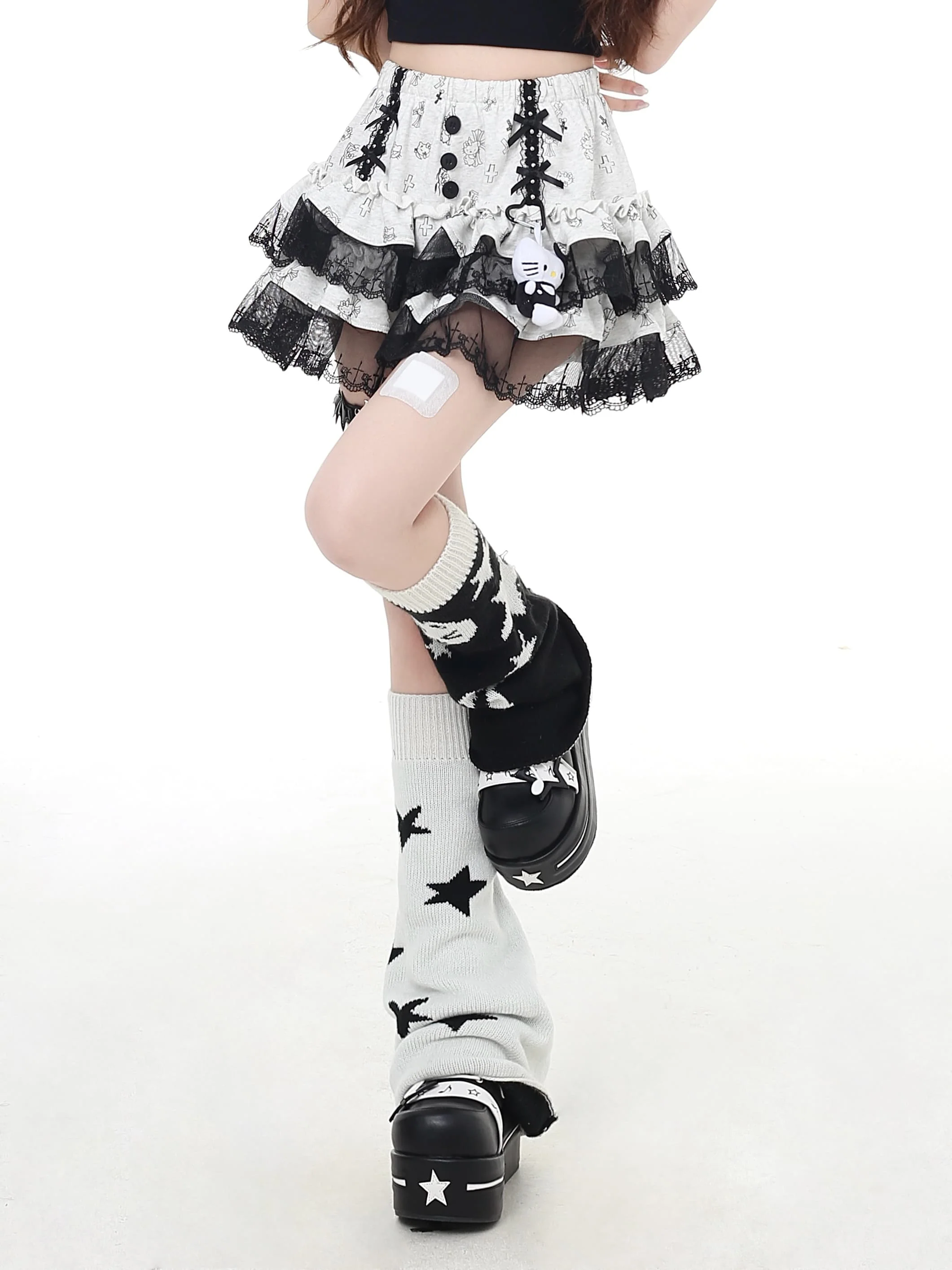 Crazy Girl Kitty Cross Print Black White Skirt - Image 2