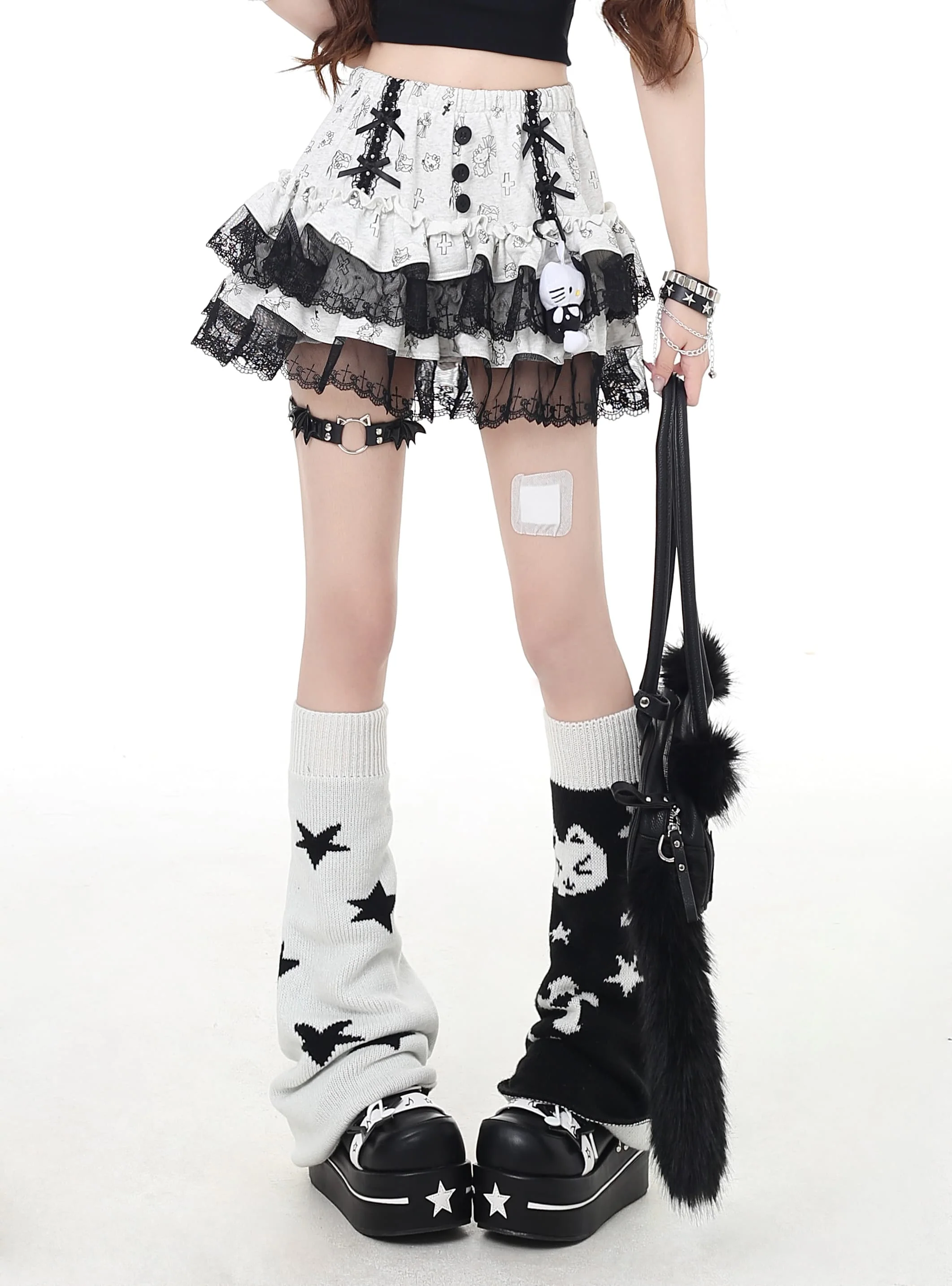 Crazy Girl Kitty Cross Print Black White Skirt - Image 3