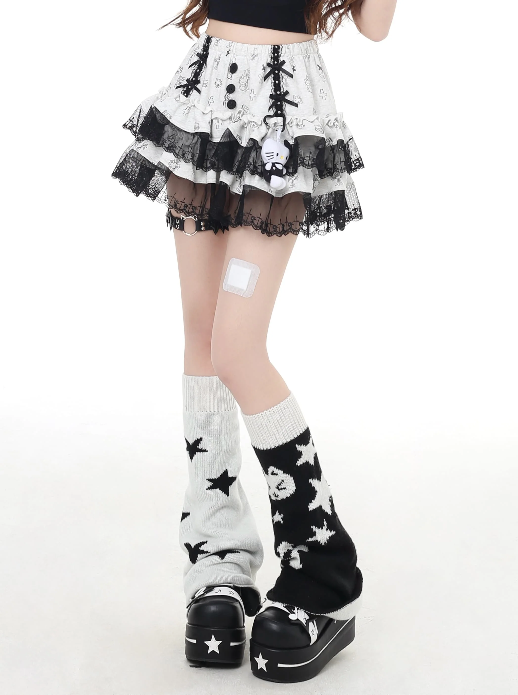 Crazy Girl Kitty Cross Print Black White Skirt - Image 4