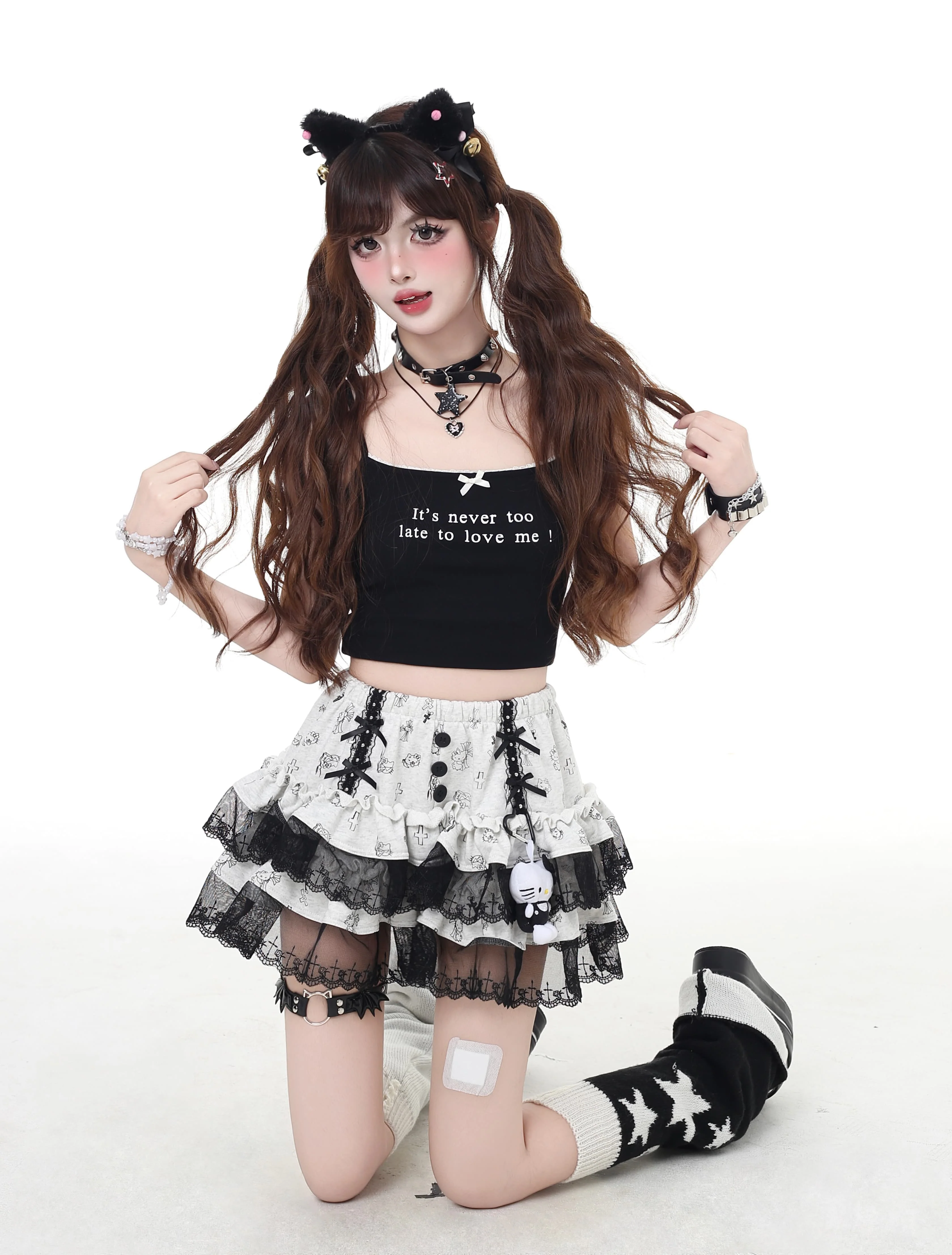 Crazy Girl Kitty Cross Print Black White Skirt - Image 5