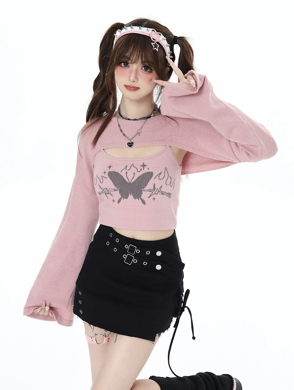 Crazy Girl Law of Attraction Butterfly Gray Pink Camisole Knit Shirt Two Piece Top - Image 2