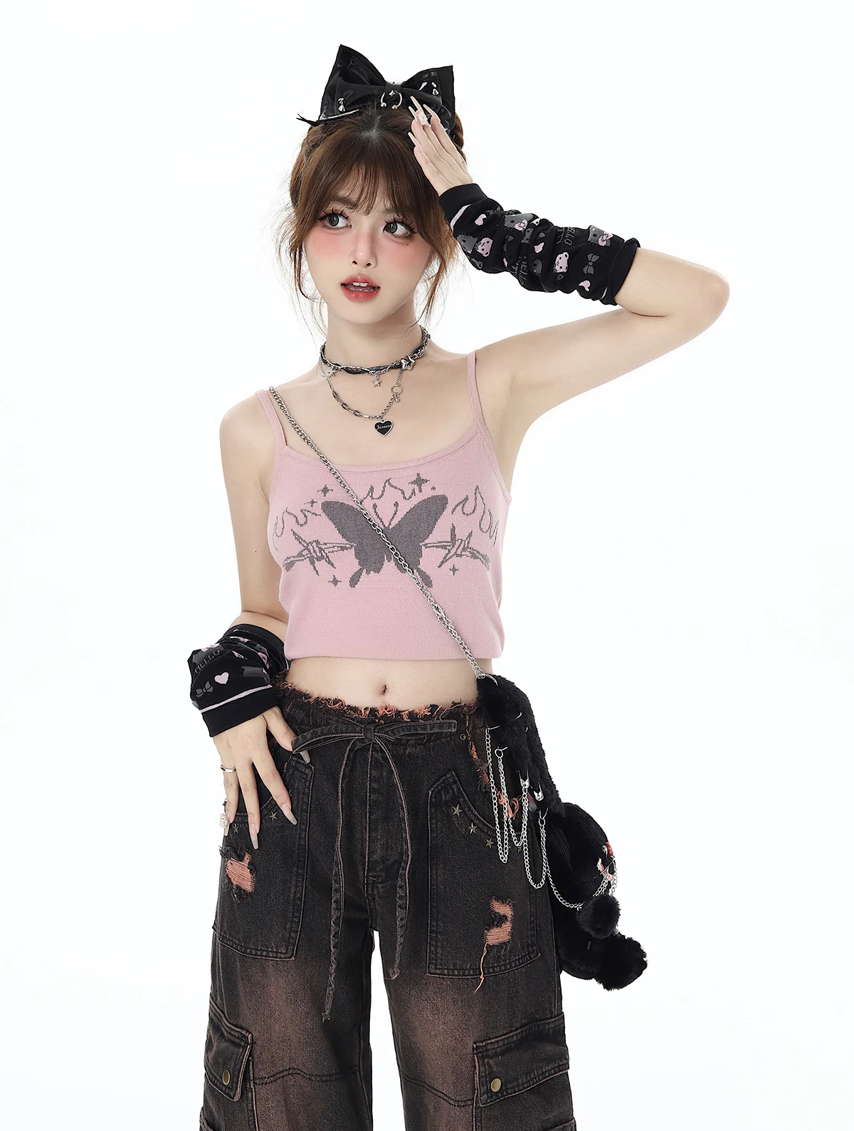 Crazy Girl Law of Attraction Butterfly Gray Pink Camisole Knit Shirt Two Piece Top - Image 5