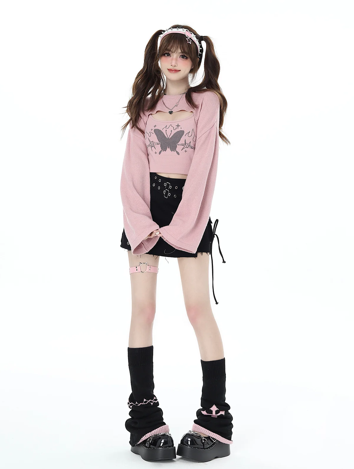 Crazy Girl Law of Attraction Butterfly Gray Pink Camisole Knit Shirt Two Piece Top - Image 6