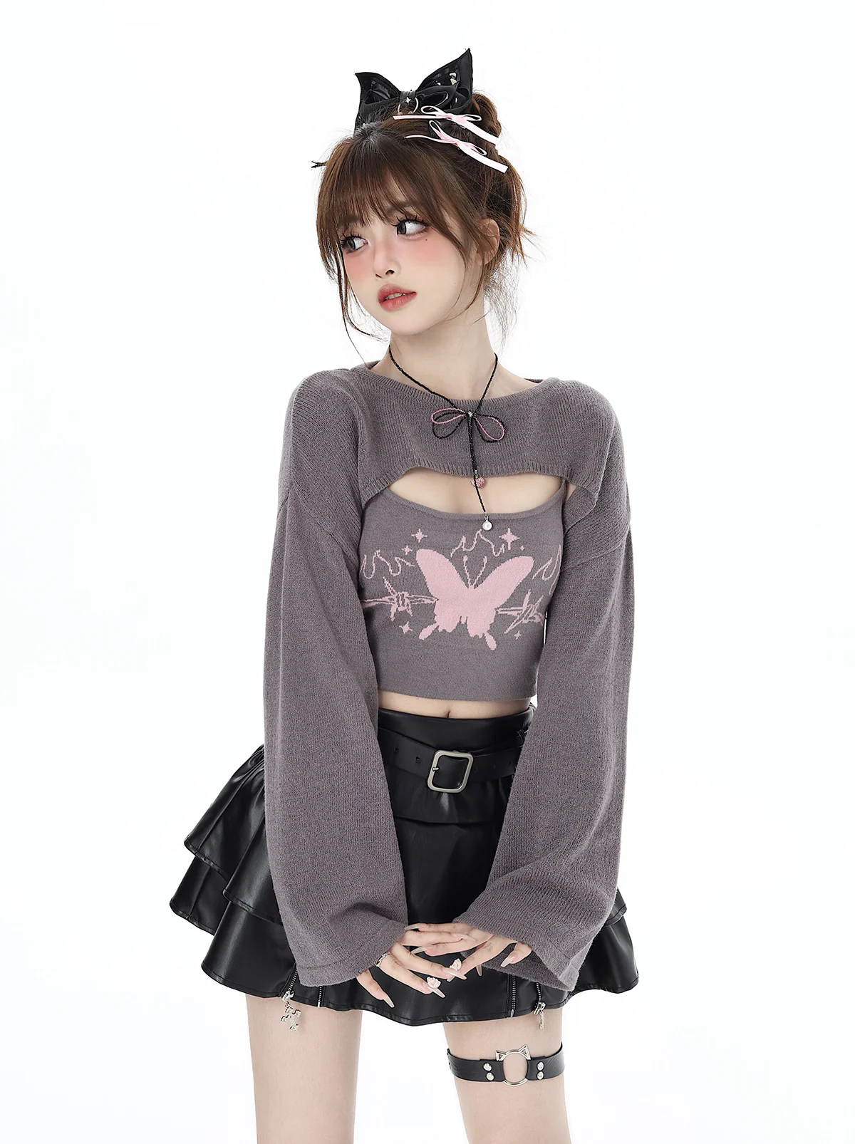 Crazy Girl Law of Attraction Butterfly Gray Pink Camisole Knit Shirt Two Piece Top - Image 7