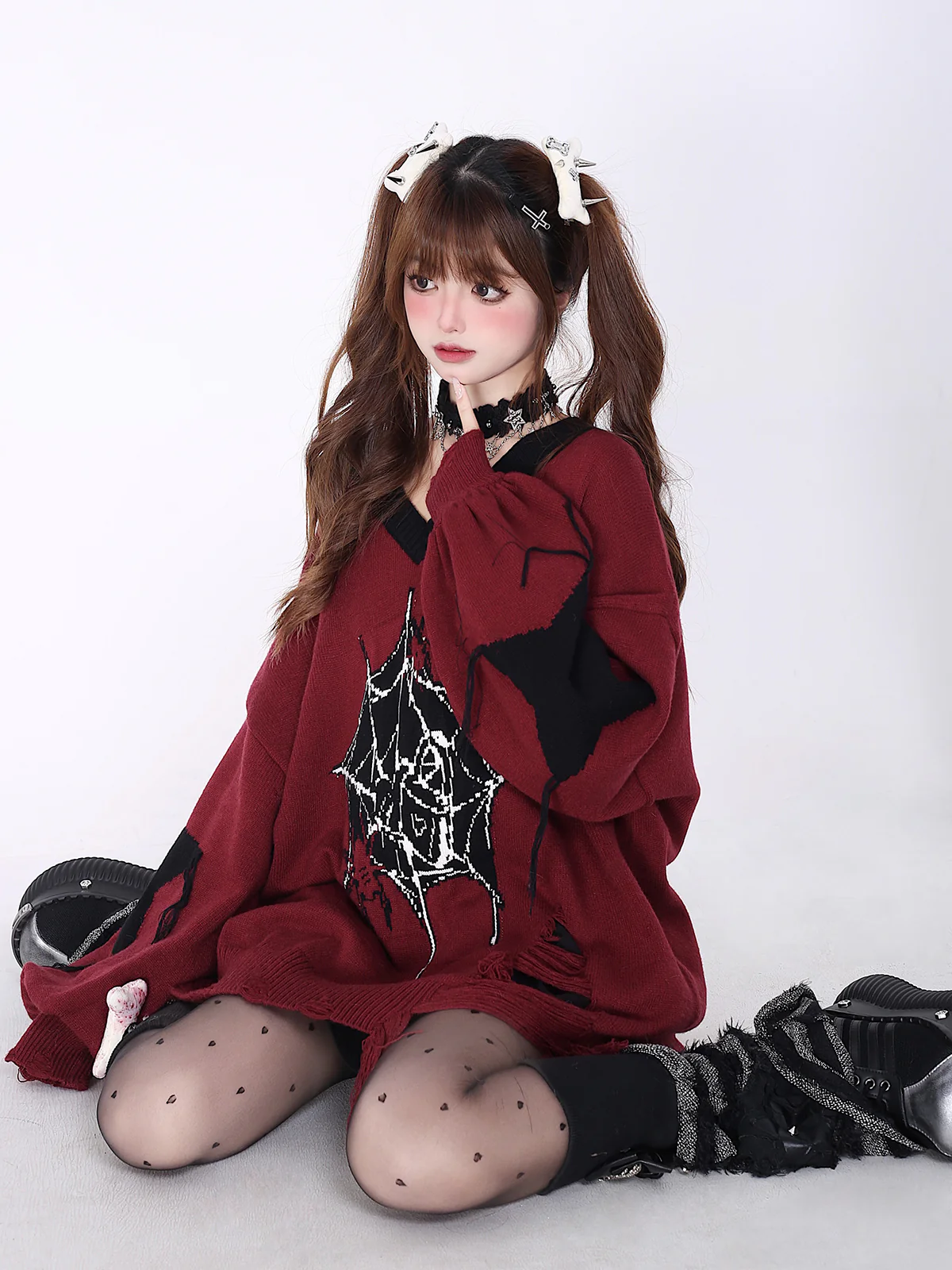 Crazy Girl Love Cycle Spider Web Red Black Sweater Top - Image 3