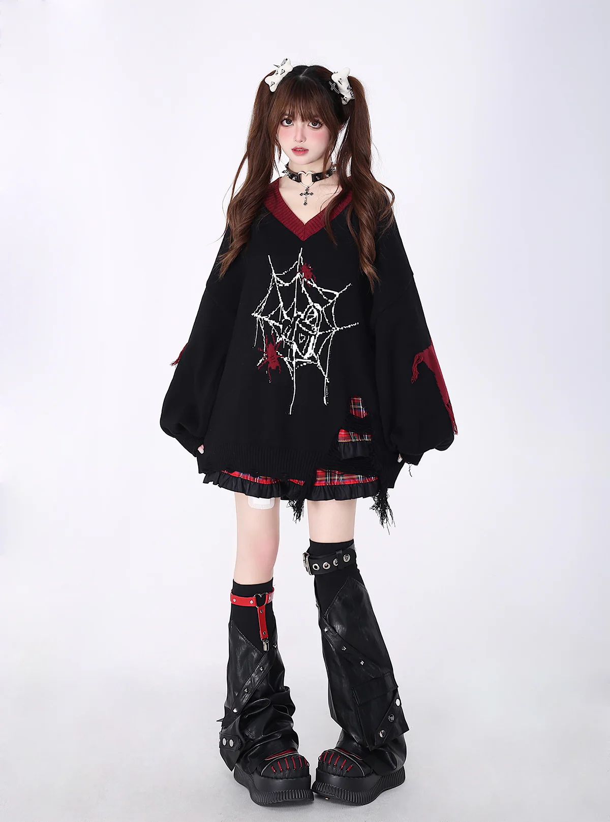 Crazy Girl Love Cycle Spider Web Red Black Sweater Top - Image 4