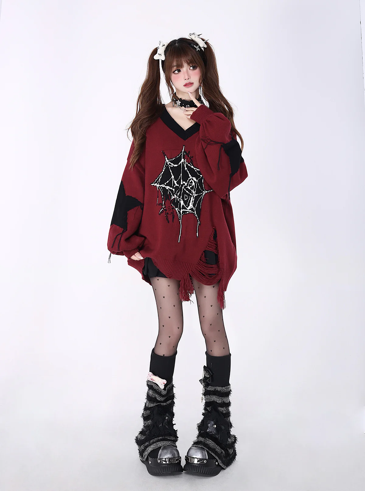 Crazy Girl Love Cycle Spider Web Red Black Sweater Top - Image 5