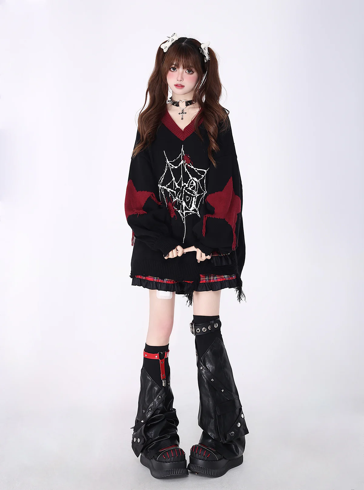 Crazy Girl Love Cycle Spider Web Red Black Sweater Top - Image 6