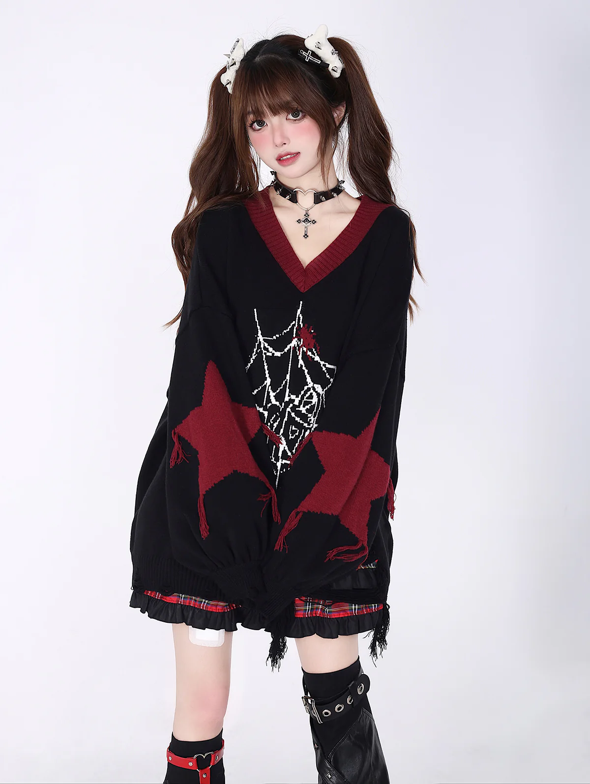 Crazy Girl Love Cycle Spider Web Red Black Sweater Top - Image 7