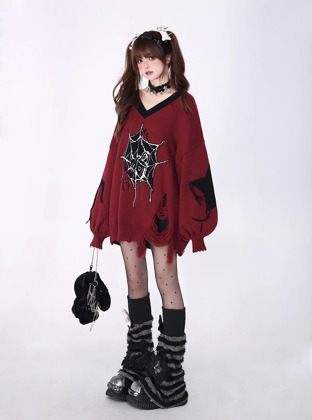 Crazy Girl Love Cycle Spider Web Red Black Sweater Top - Image 8
