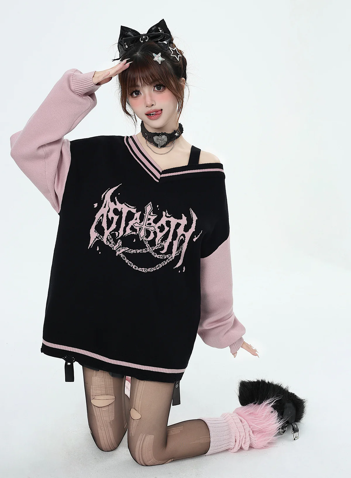 Crazy Girl Love Talent Black Pink Punk V Neck Sweater Top - Image 2