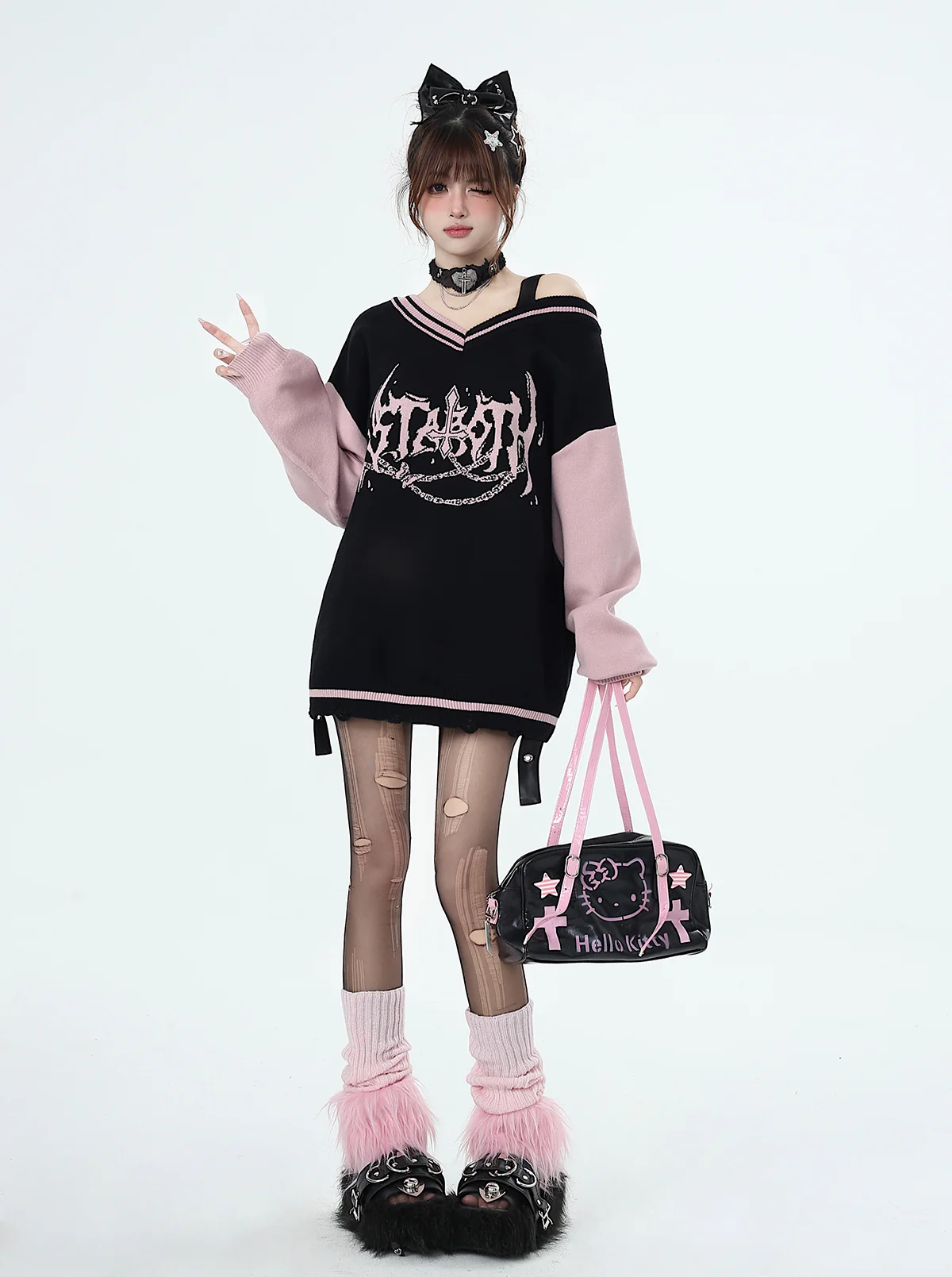 Crazy Girl Love Talent Black Pink Punk V Neck Sweater Top - Image 4