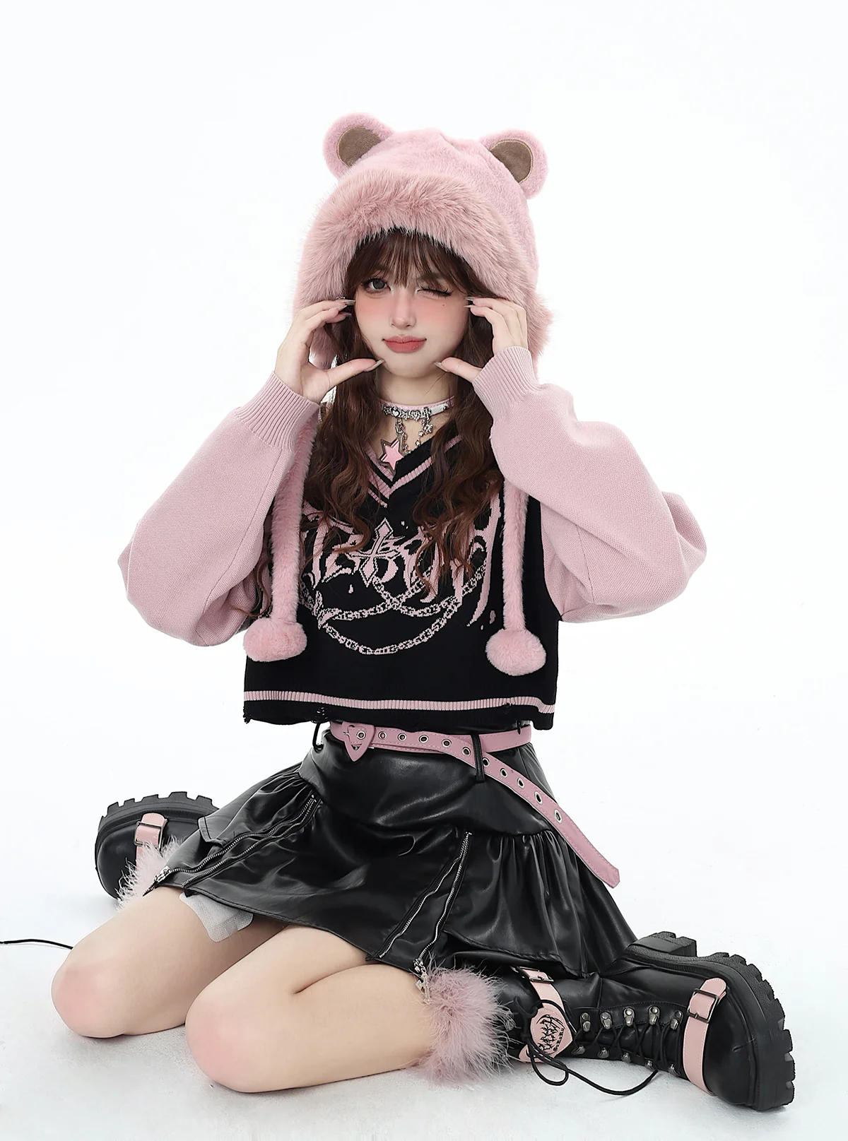 Crazy Girl Love Talent Black Pink Punk V Neck Sweater Top - Image 5