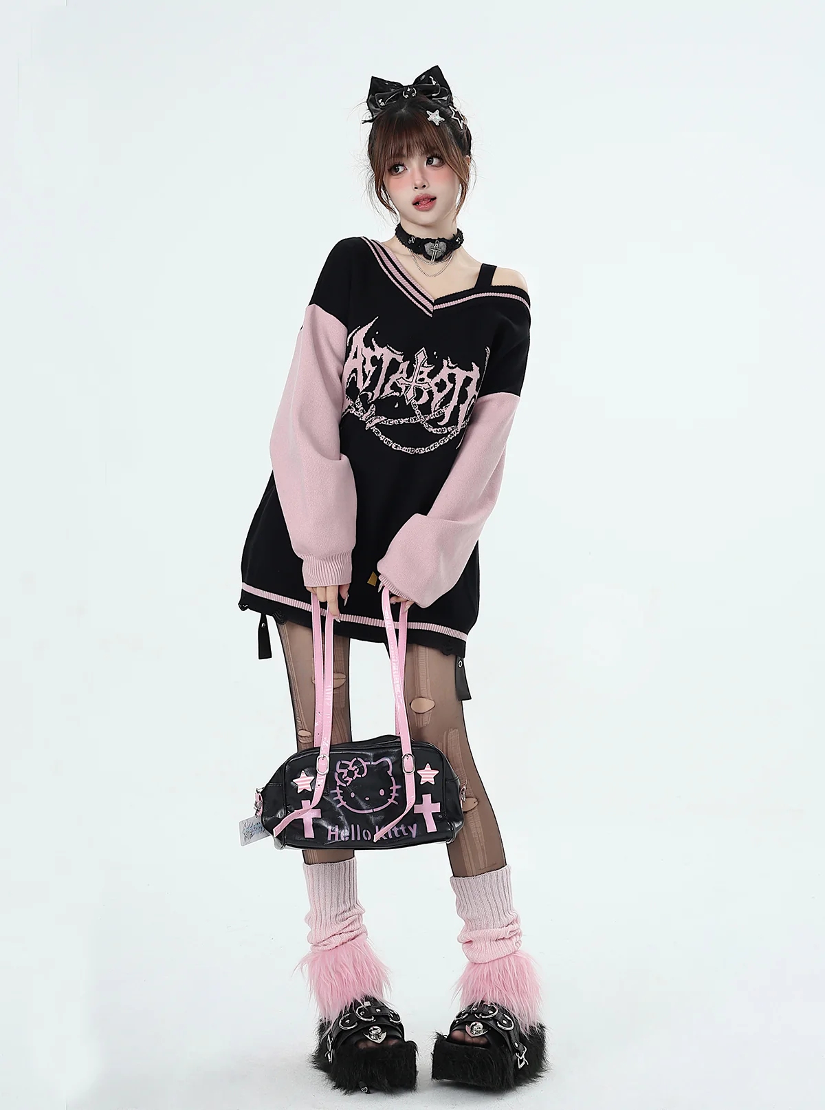 Crazy Girl Love Talent Black Pink Punk V Neck Sweater Top - Image 7