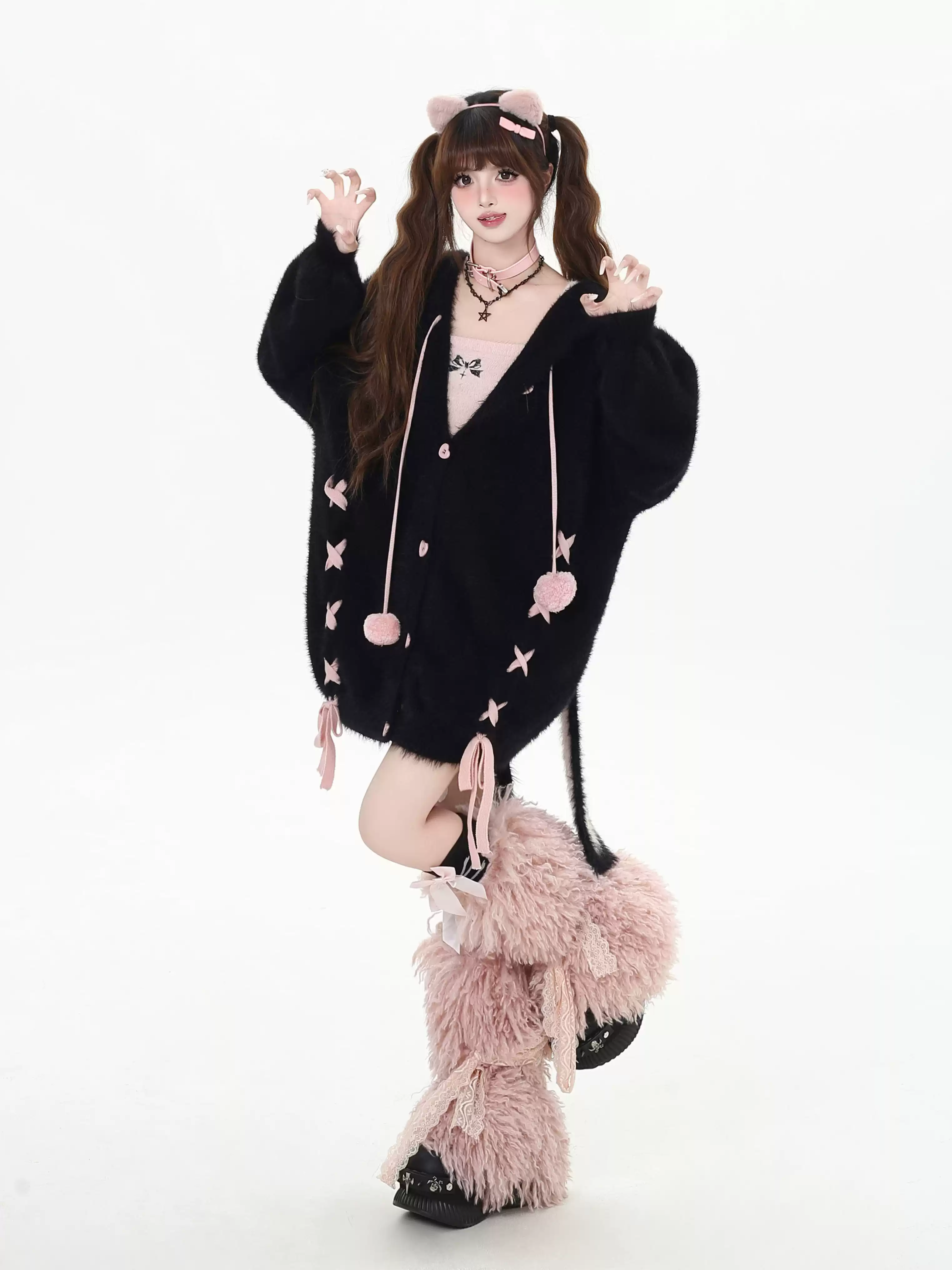 Crazy Girl Misty Winter Messenger Pink Black White Rabbit Ears Hoodie - Image 7
