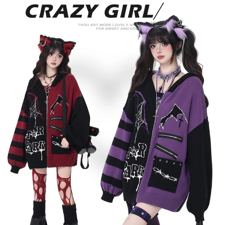 Crazy Girl Night Creature Bat Wings Purple Red Black Jacket