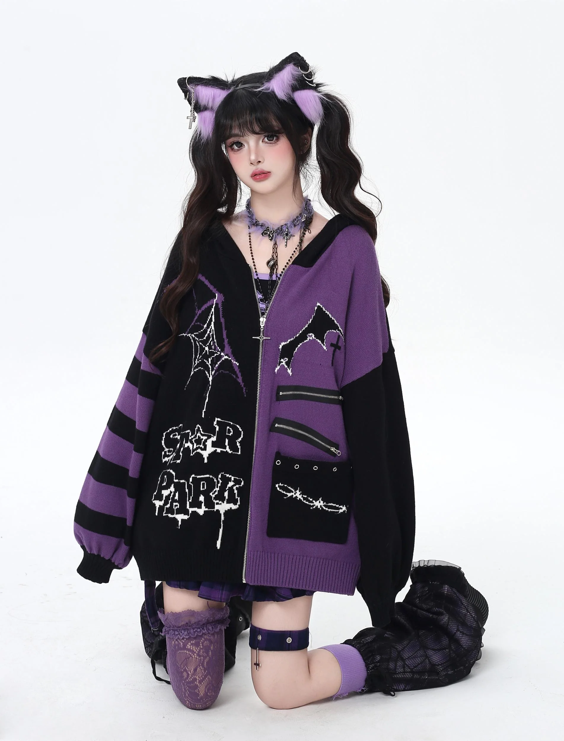 Crazy Girl Night Creature Bat Wings Purple Red Black Jacket - Image 4
