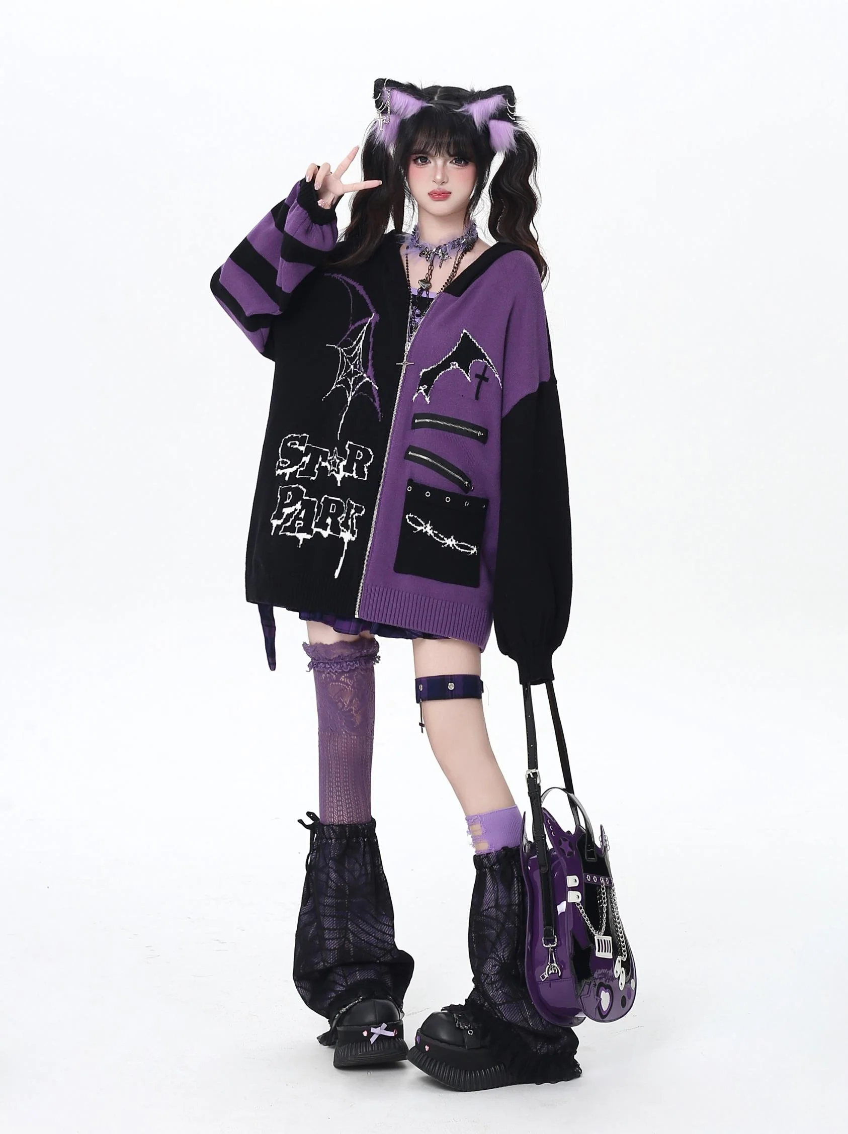 Crazy Girl Night Creature Bat Wings Purple Red Black Jacket - Image 7