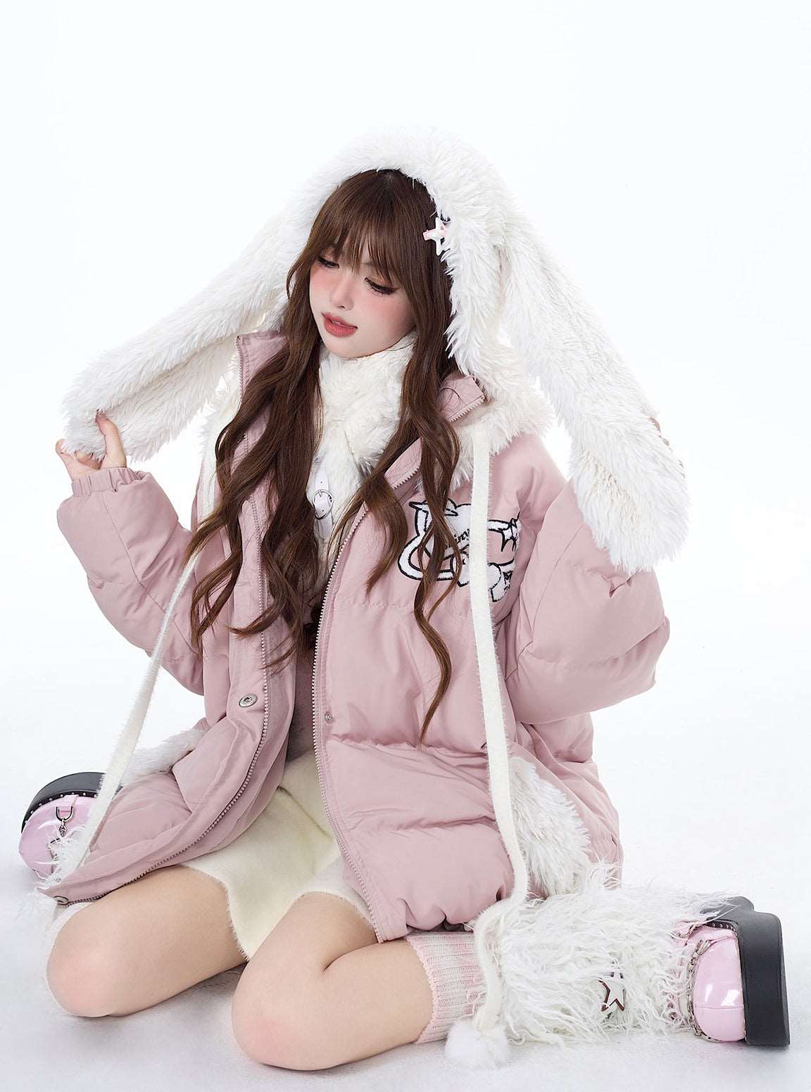 Crazy Girl Pink Black Winter Rabbit Ears Hooded Plush Puffer Jacket - Image 2