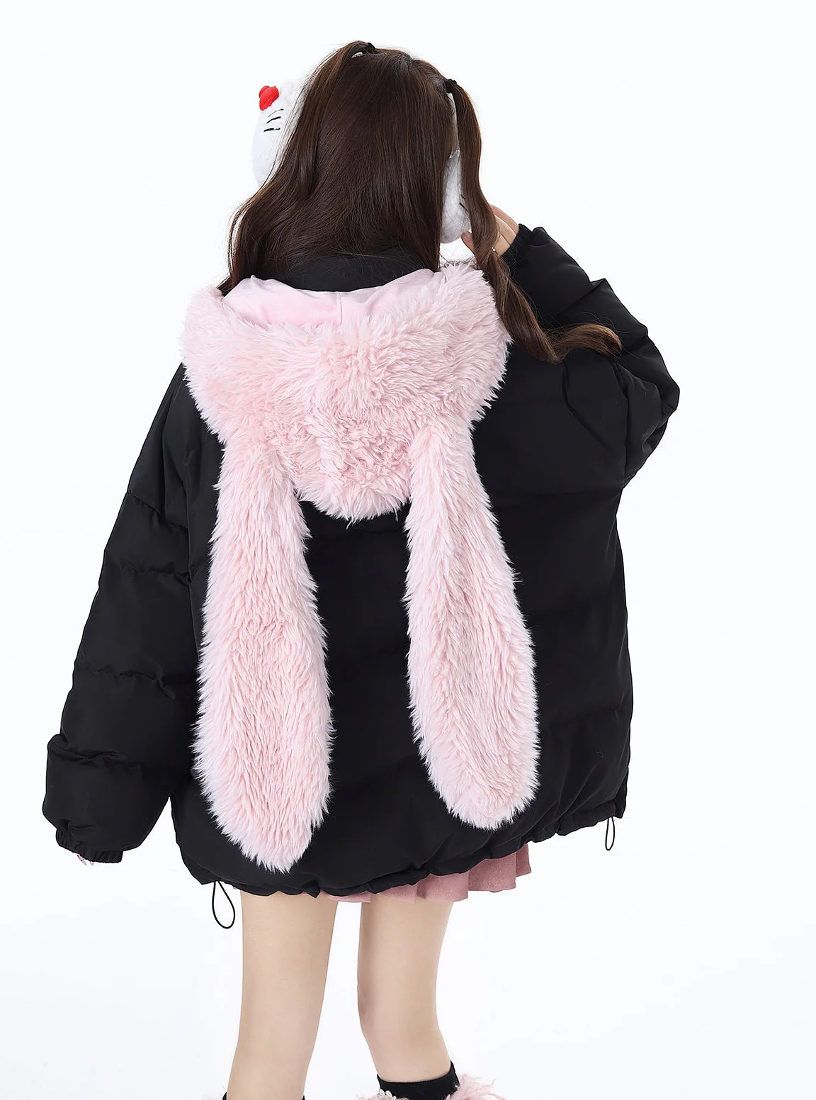 Crazy Girl Pink Black Winter Rabbit Ears Hooded Plush Puffer Jacket - Image 3