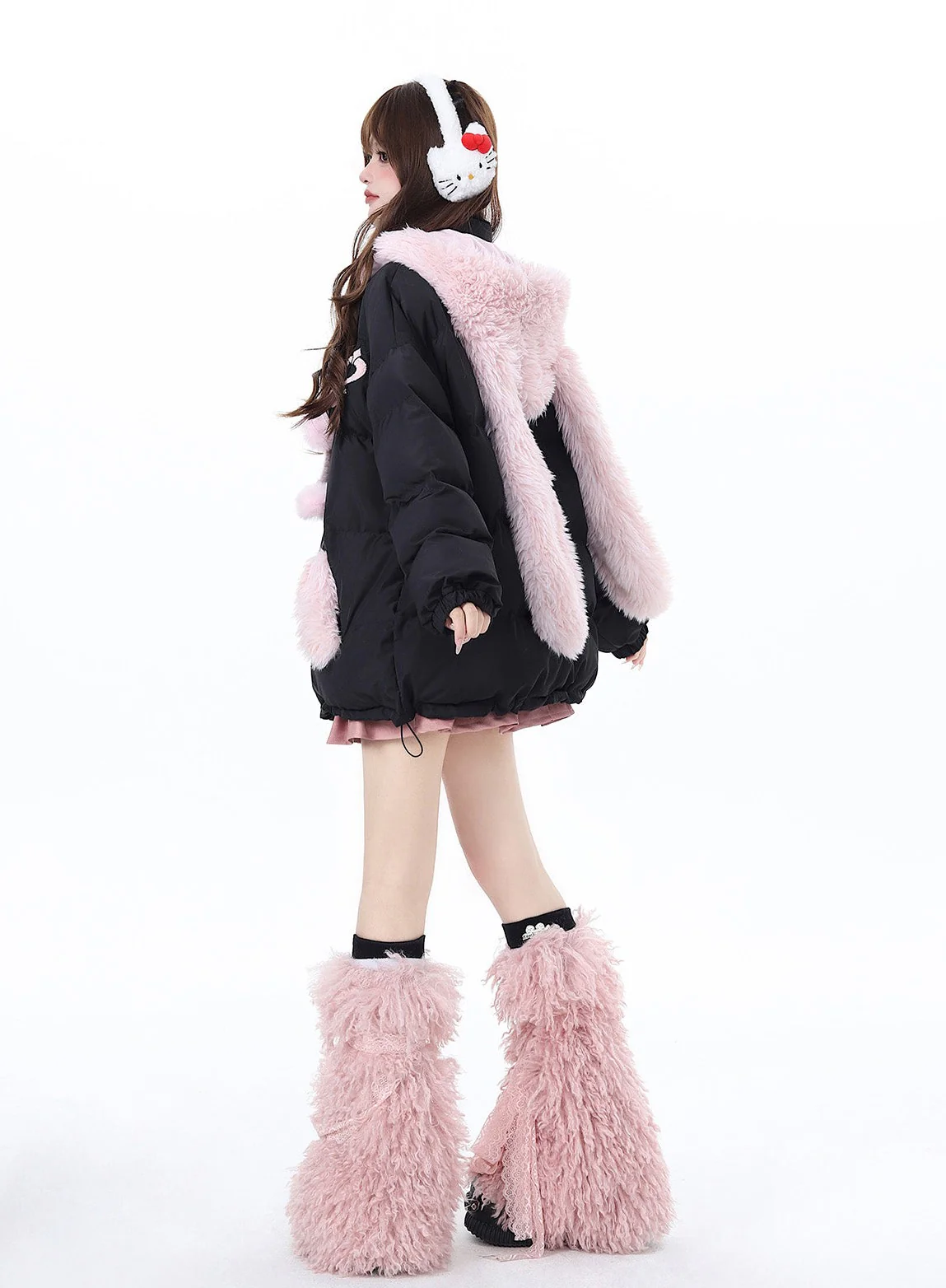 Crazy Girl Pink Black Winter Rabbit Ears Hooded Plush Puffer Jacket - Image 5