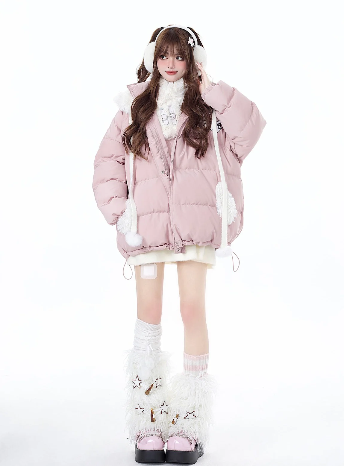 Crazy Girl Pink Black Winter Rabbit Ears Hooded Plush Puffer Jacket - Image 6