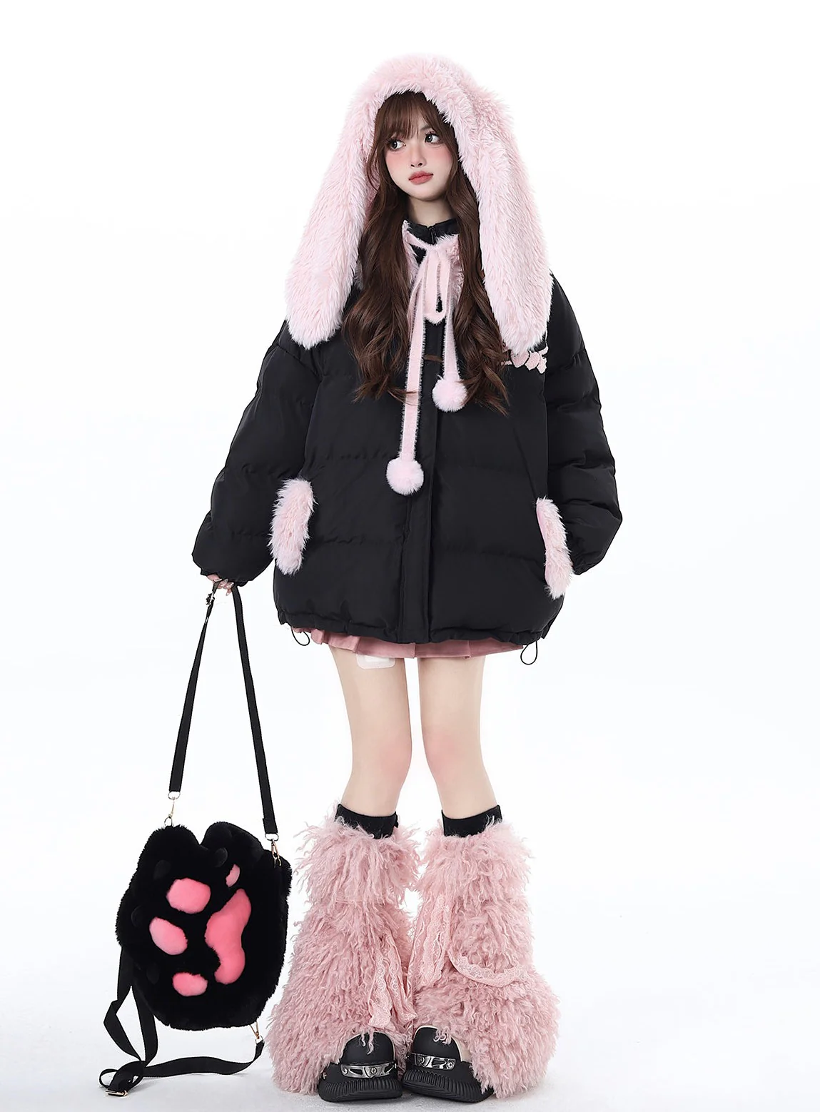 Crazy Girl Pink Black Winter Rabbit Ears Hooded Plush Puffer Jacket - Image 7