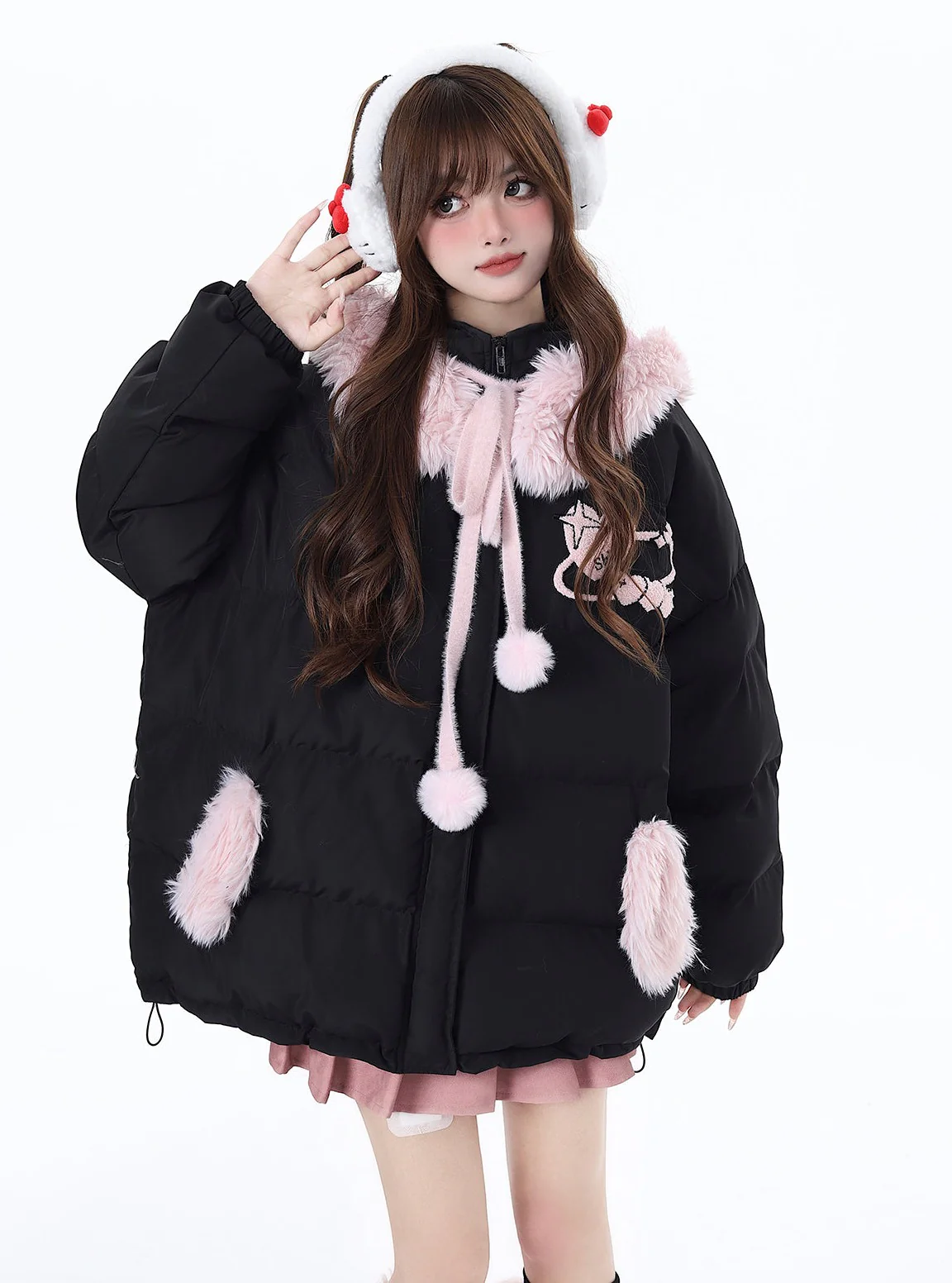 Crazy Girl Pink Black Winter Rabbit Ears Hooded Plush Puffer Jacket - Image 9