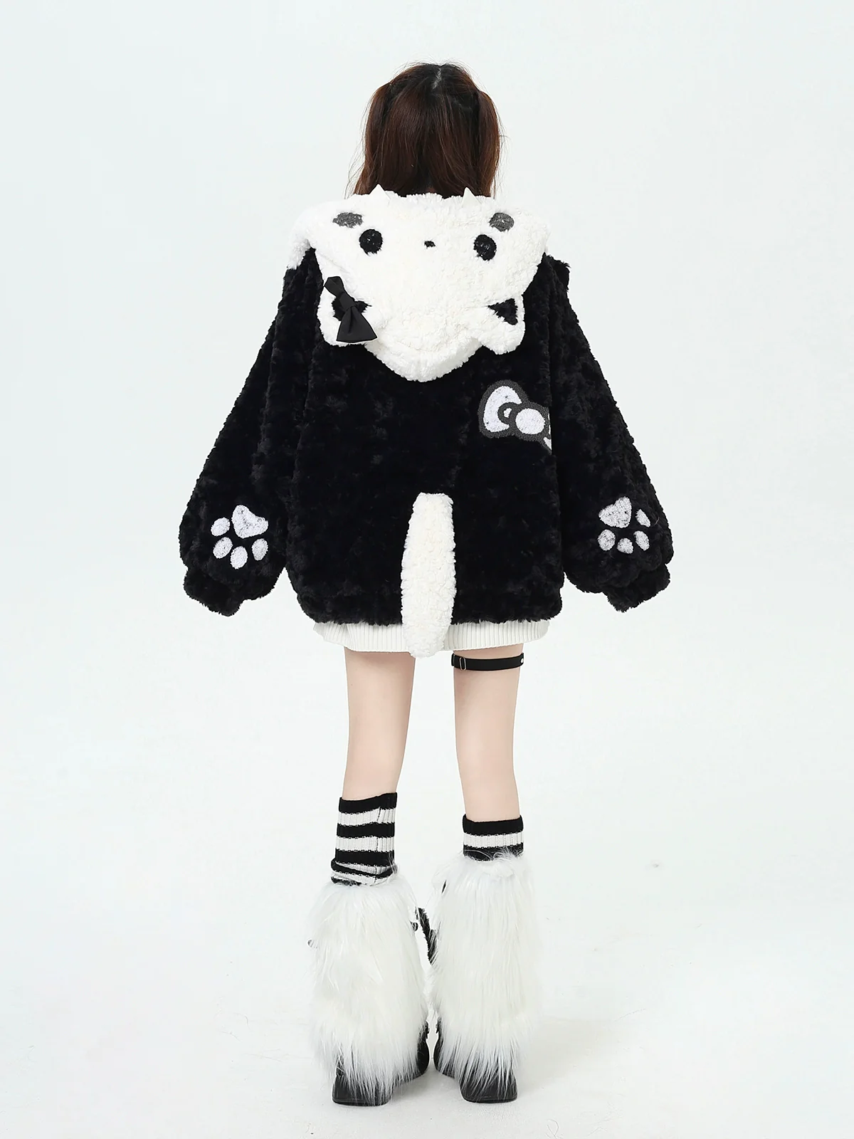 Crazy Girl Plush Party Cat Ears Black White Winter Jacket - Image 2