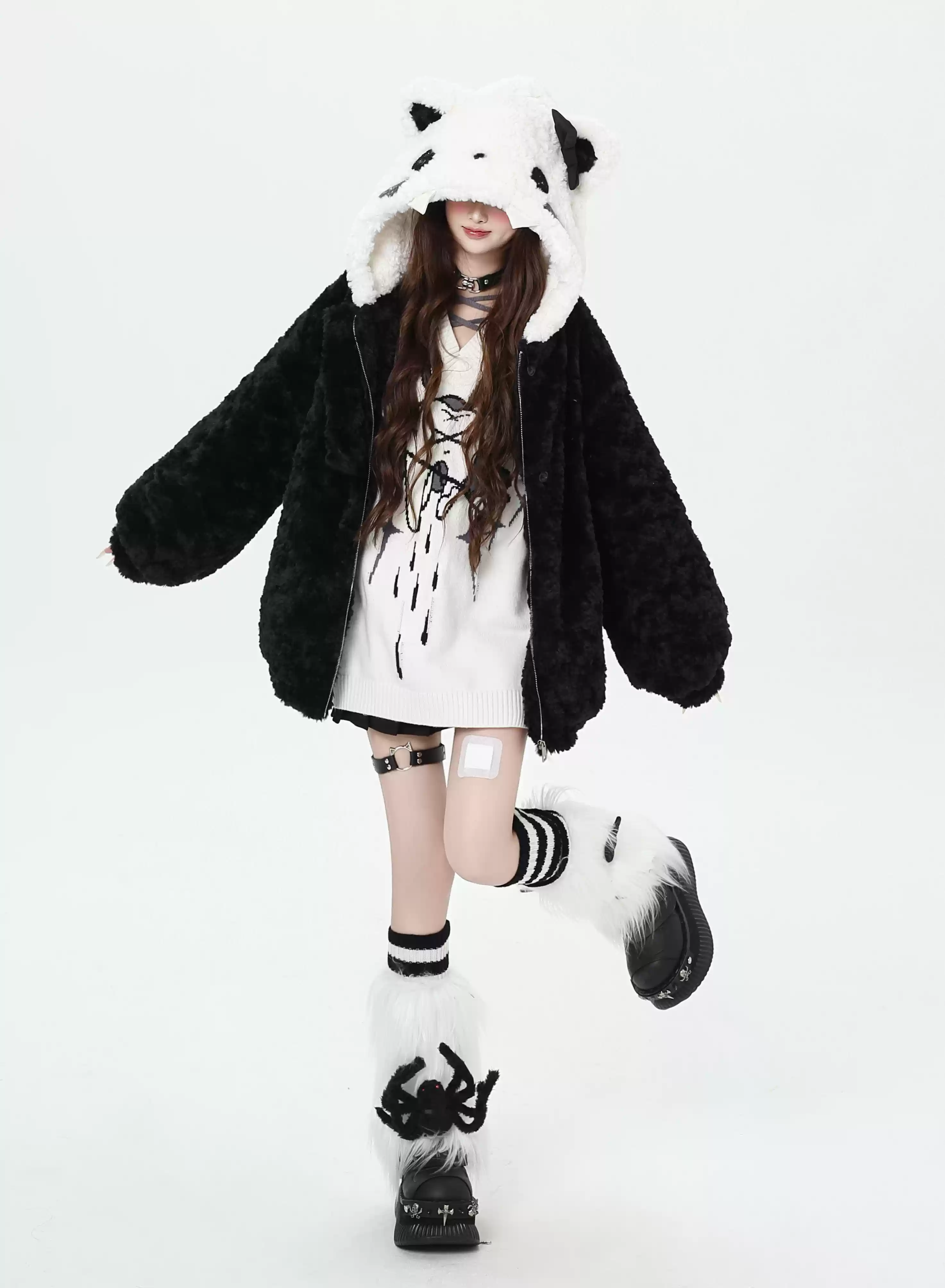 Crazy Girl Plush Party Cat Ears Black White Winter Jacket - Image 3