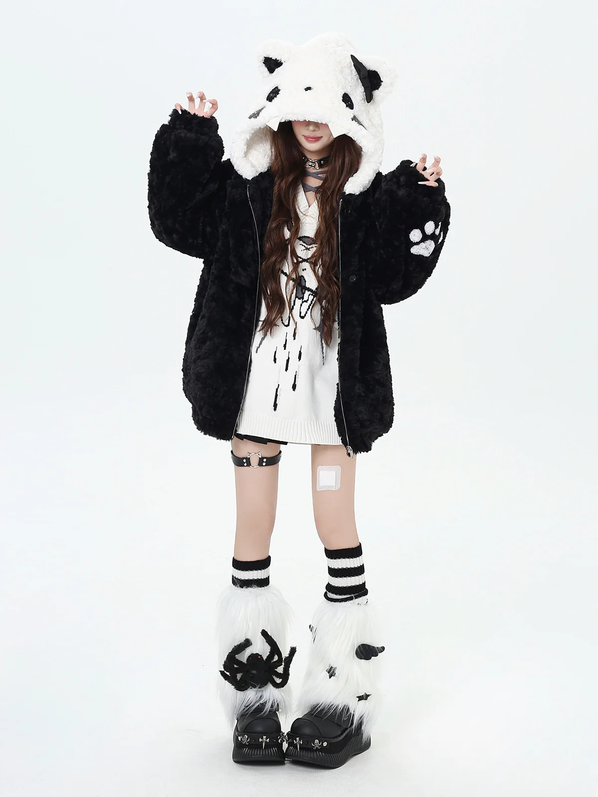 Crazy Girl Plush Party Cat Ears Black White Winter Jacket - Image 4