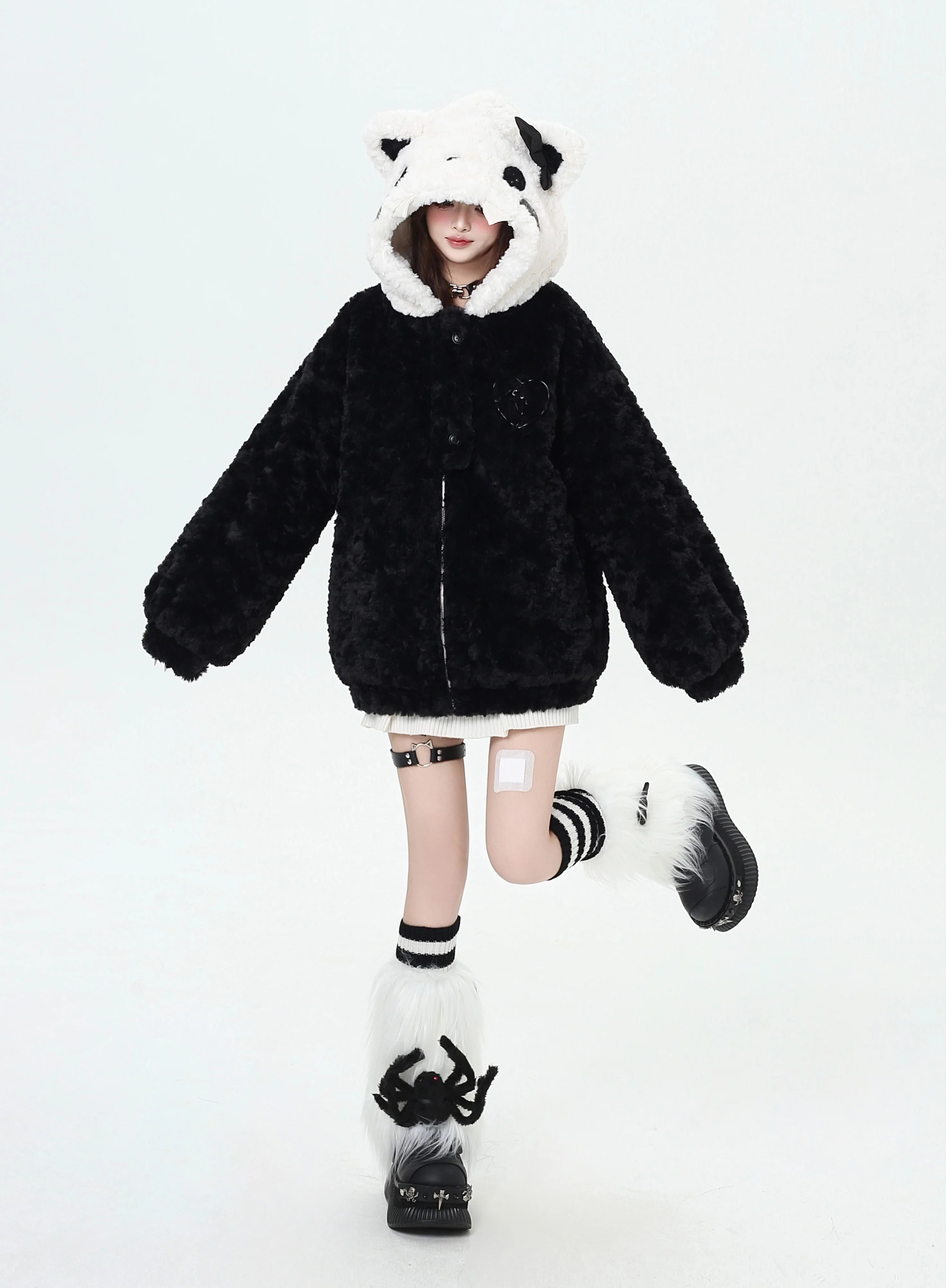 Crazy Girl Plush Party Cat Ears Black White Winter Jacket - Image 5