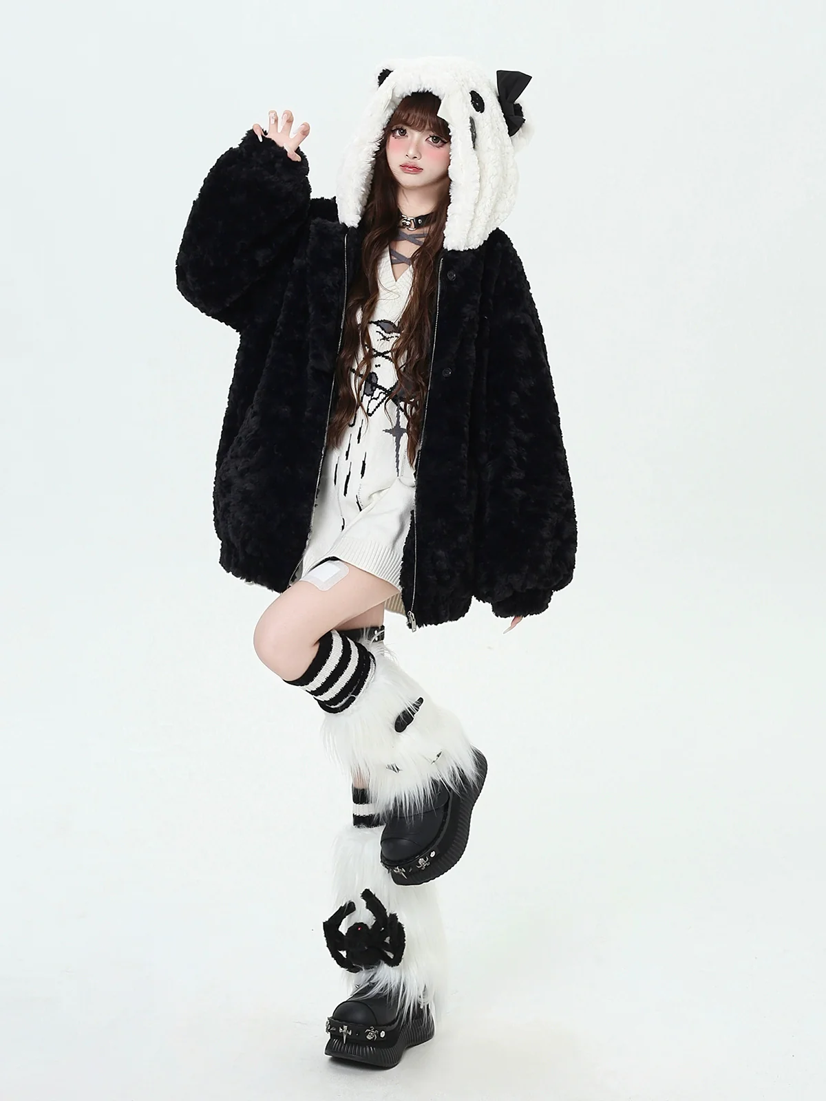 Crazy Girl Plush Party Cat Ears Black White Winter Jacket - Image 6