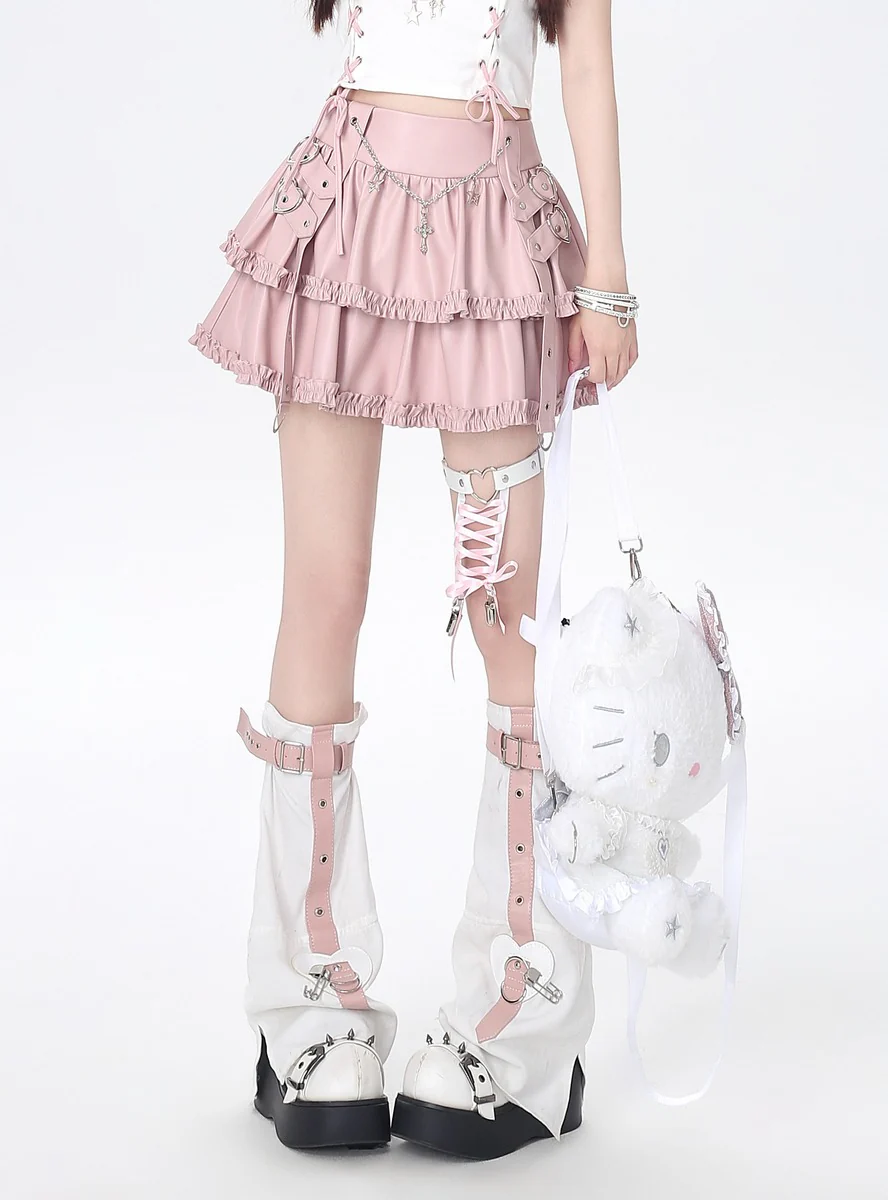 Crazy Girl Private Punk Black Pink Leather Skirt - Image 3