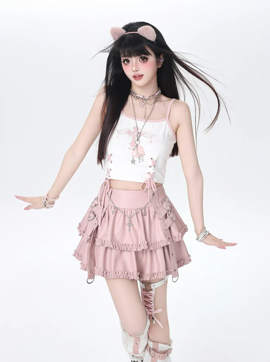 Crazy Girl Private Punk Black Pink Leather Skirt - Image 5