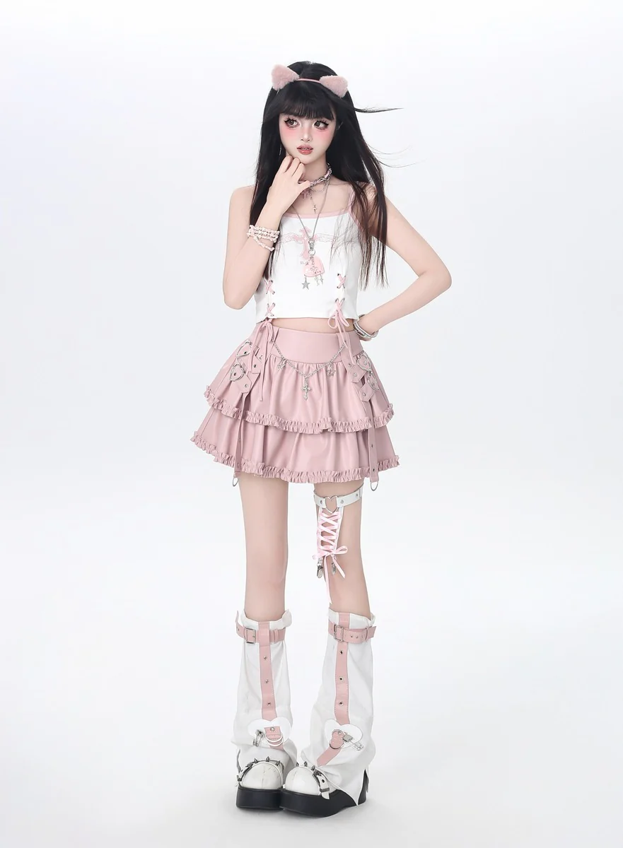 Crazy Girl Private Punk Black Pink Leather Skirt - Image 7