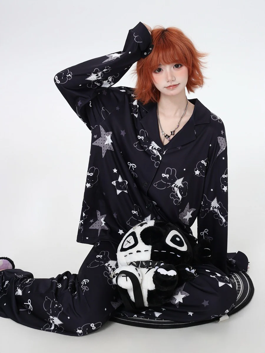 Crazy Girl Sleepy Rabbit Black White Pajamas Top Pants - Image 3