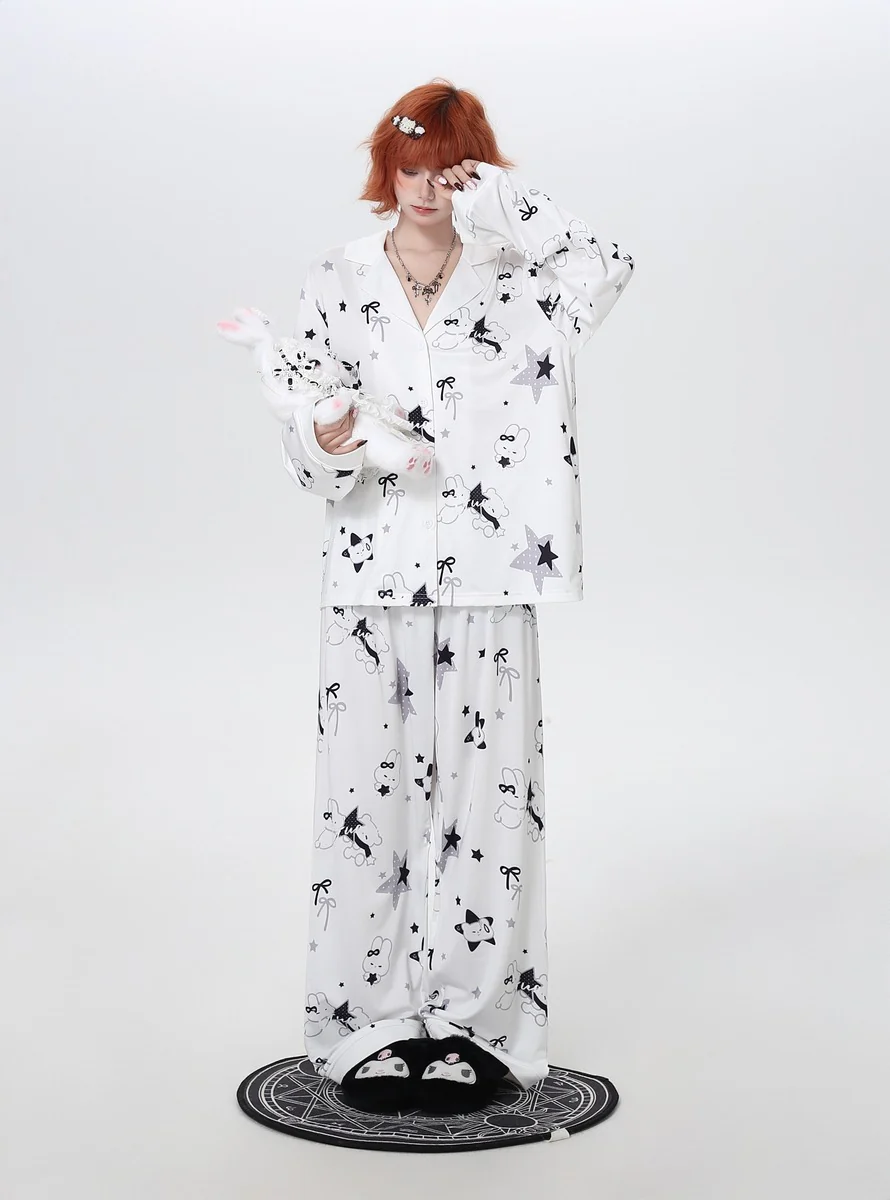 Crazy Girl Sleepy Rabbit Black White Pajamas Top Pants - Image 4