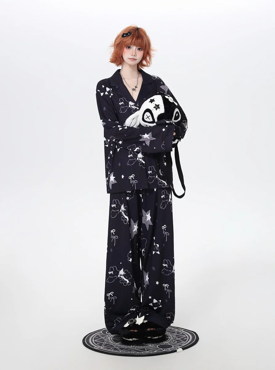 Crazy Girl Sleepy Rabbit Black White Pajamas Top Pants - Image 5