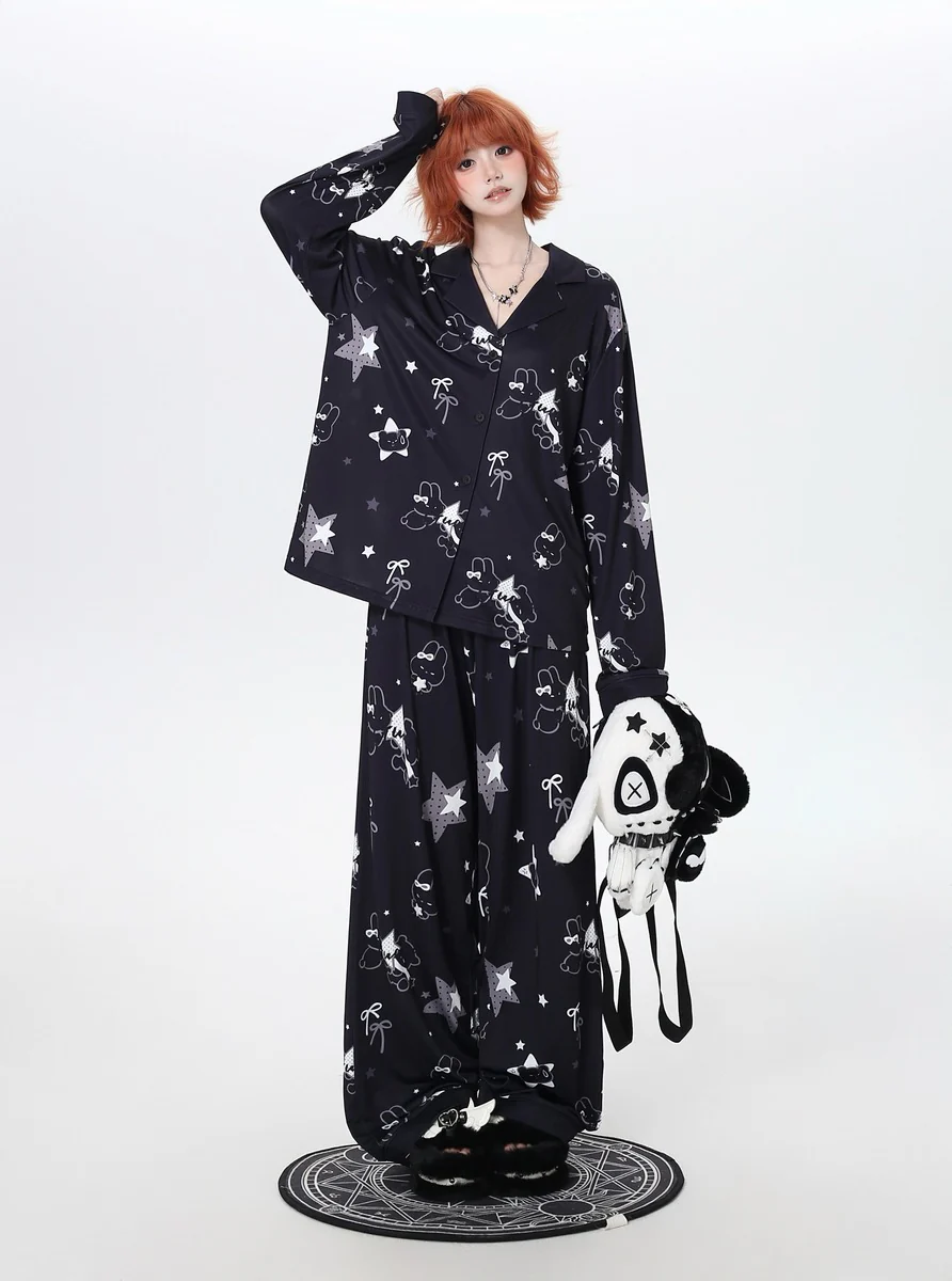 Crazy Girl Sleepy Rabbit Black White Pajamas Top Pants - Image 6