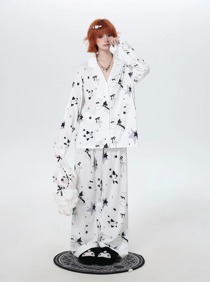 Crazy Girl Sleepy Rabbit Black White Pajamas Top Pants - Image 7