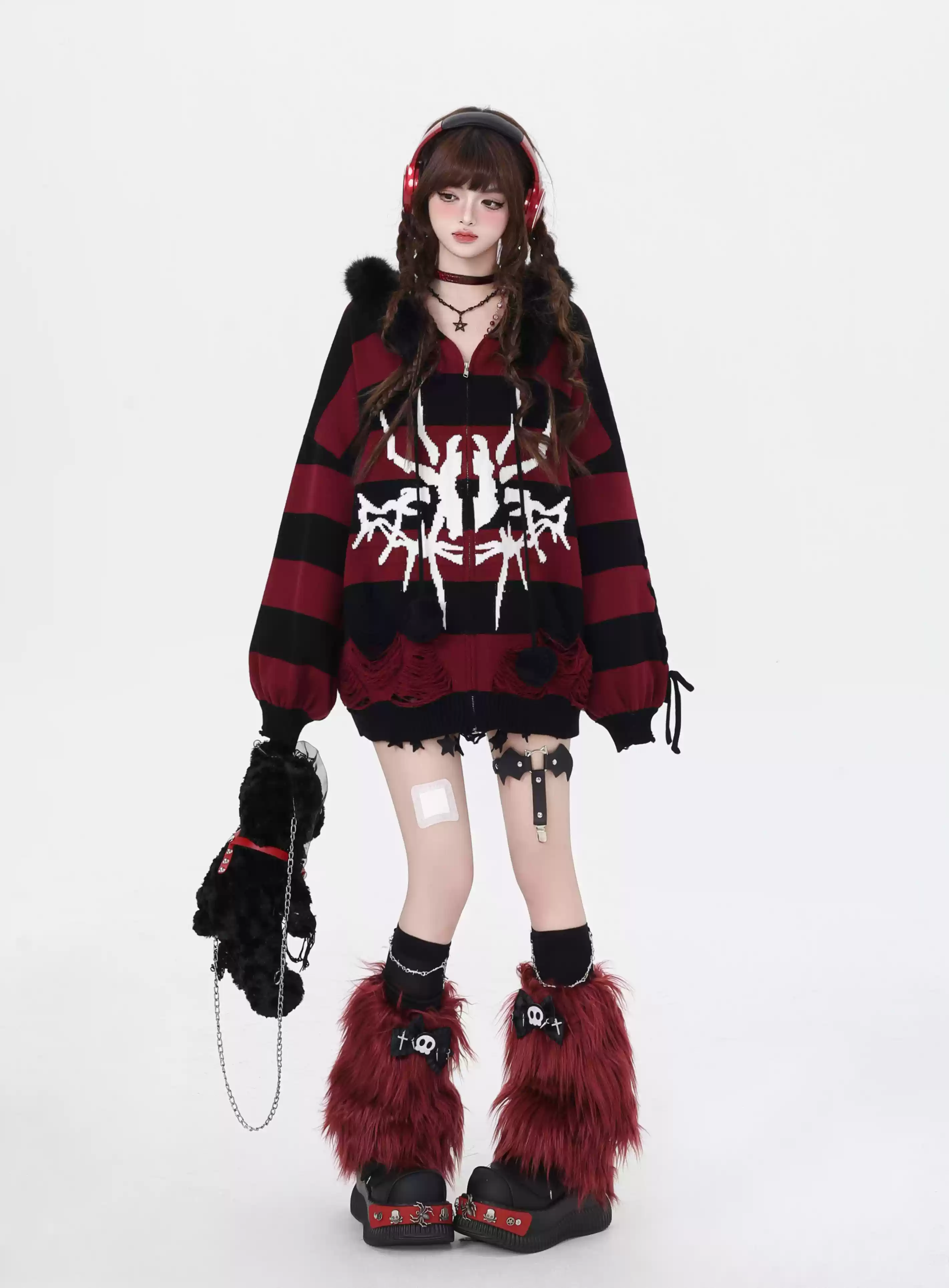 Crazy Girl Spider Punk Striped Gray Black White Purple Red Fur Jacket Hoodie - Image 2