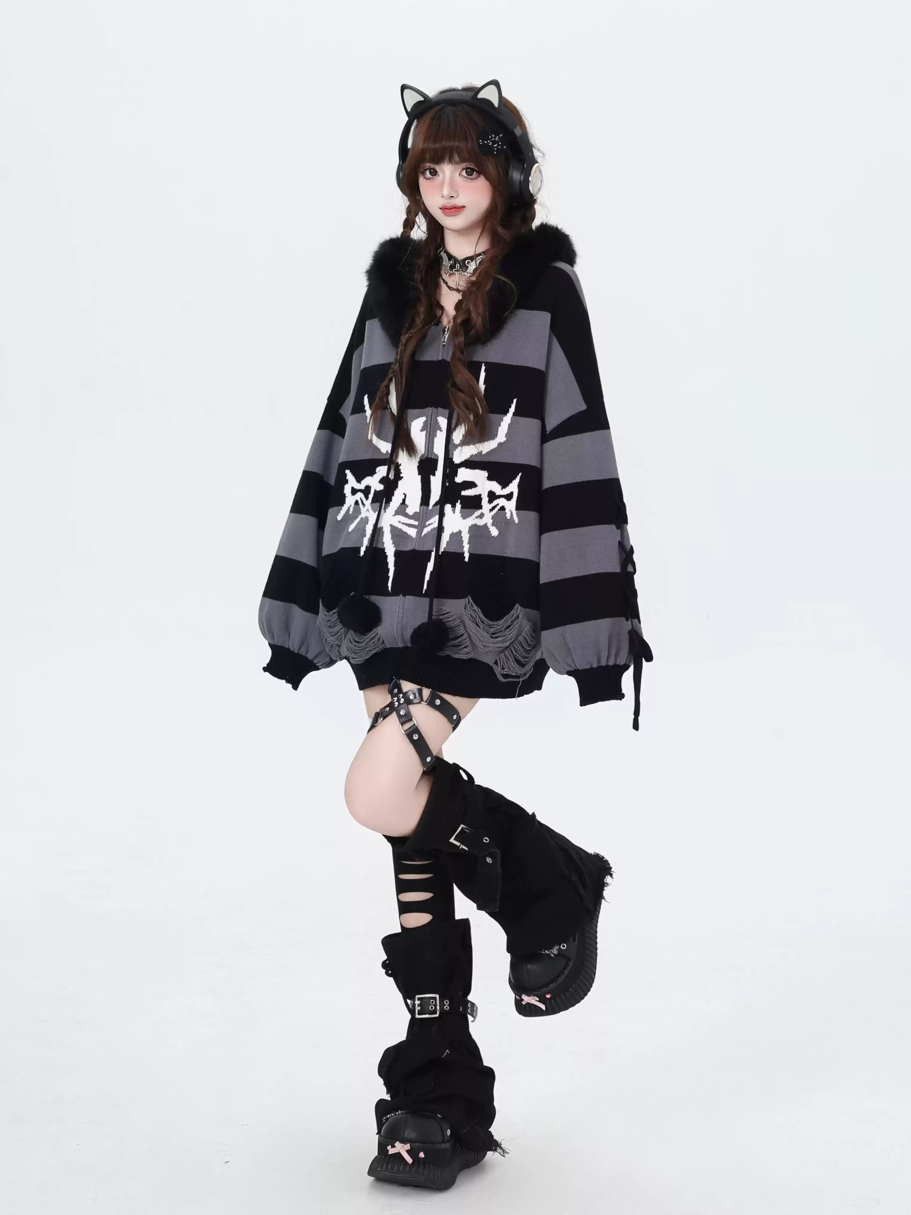 Crazy Girl Spider Punk Striped Gray Black White Purple Red Fur Jacket Hoodie - Image 4