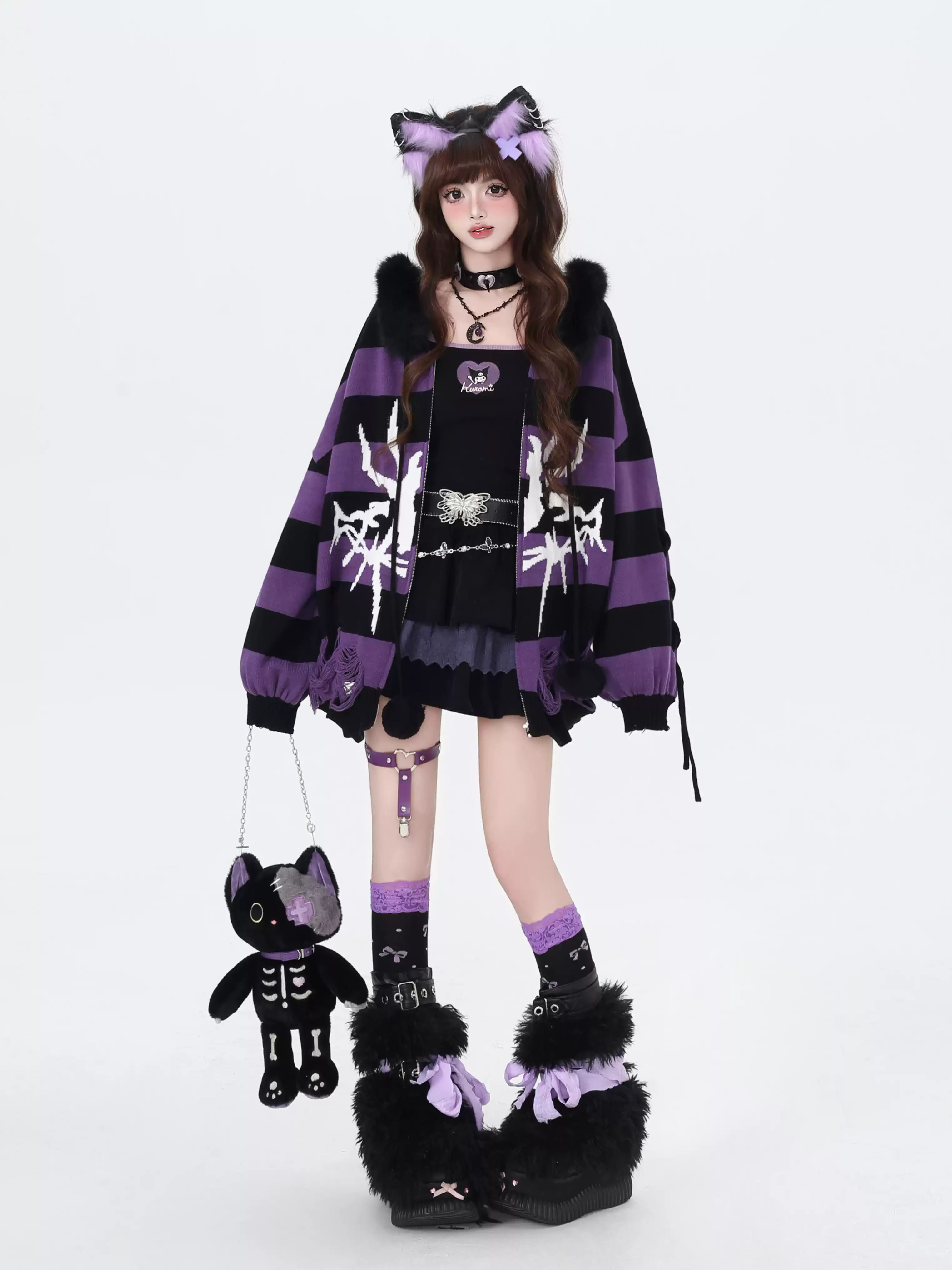 Crazy Girl Spider Punk Striped Gray Black White Purple Red Fur Jacket Hoodie - Image 7