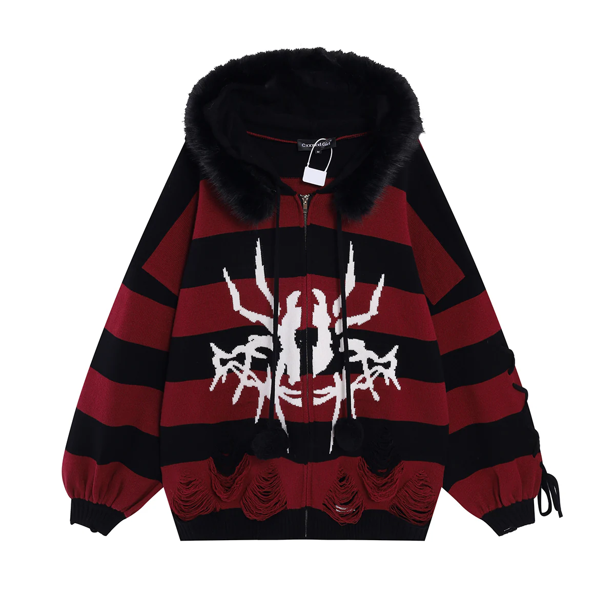 Crazy Girl Spider Punk Striped Gray Black White Purple Red Fur Jacket Hoodie - Image 9