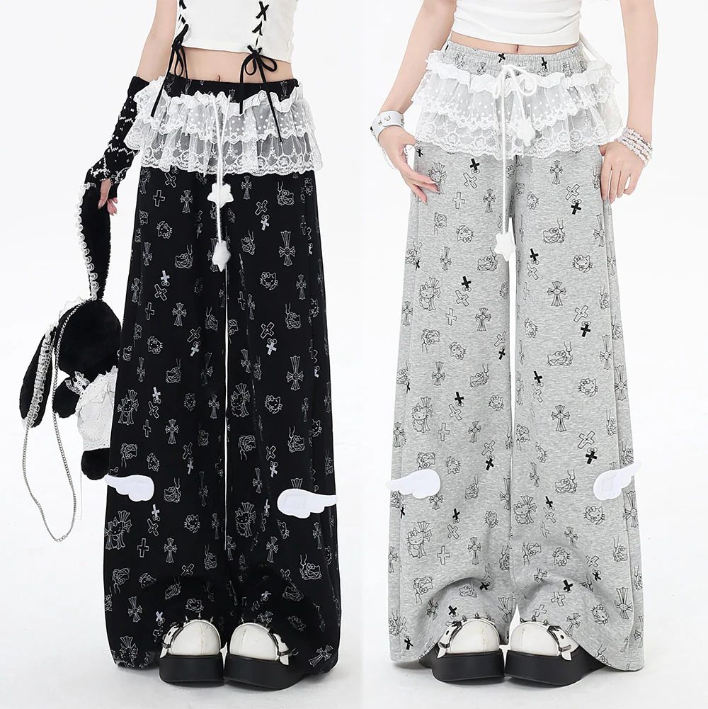 Crazy Girl Star Kitty Pink Black Gray Elastic Pants