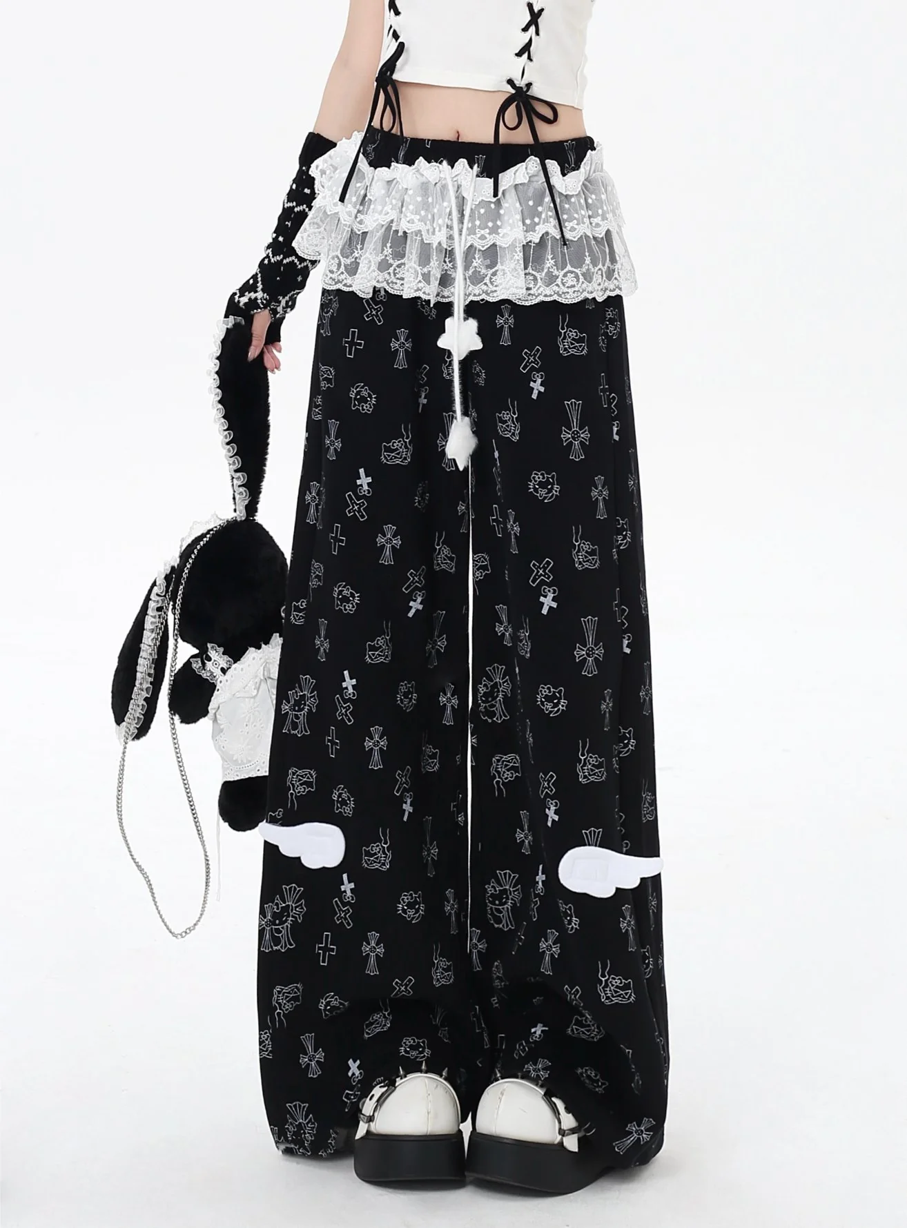 Crazy Girl Star Kitty Pink Black Gray Elastic Pants - Image 2
