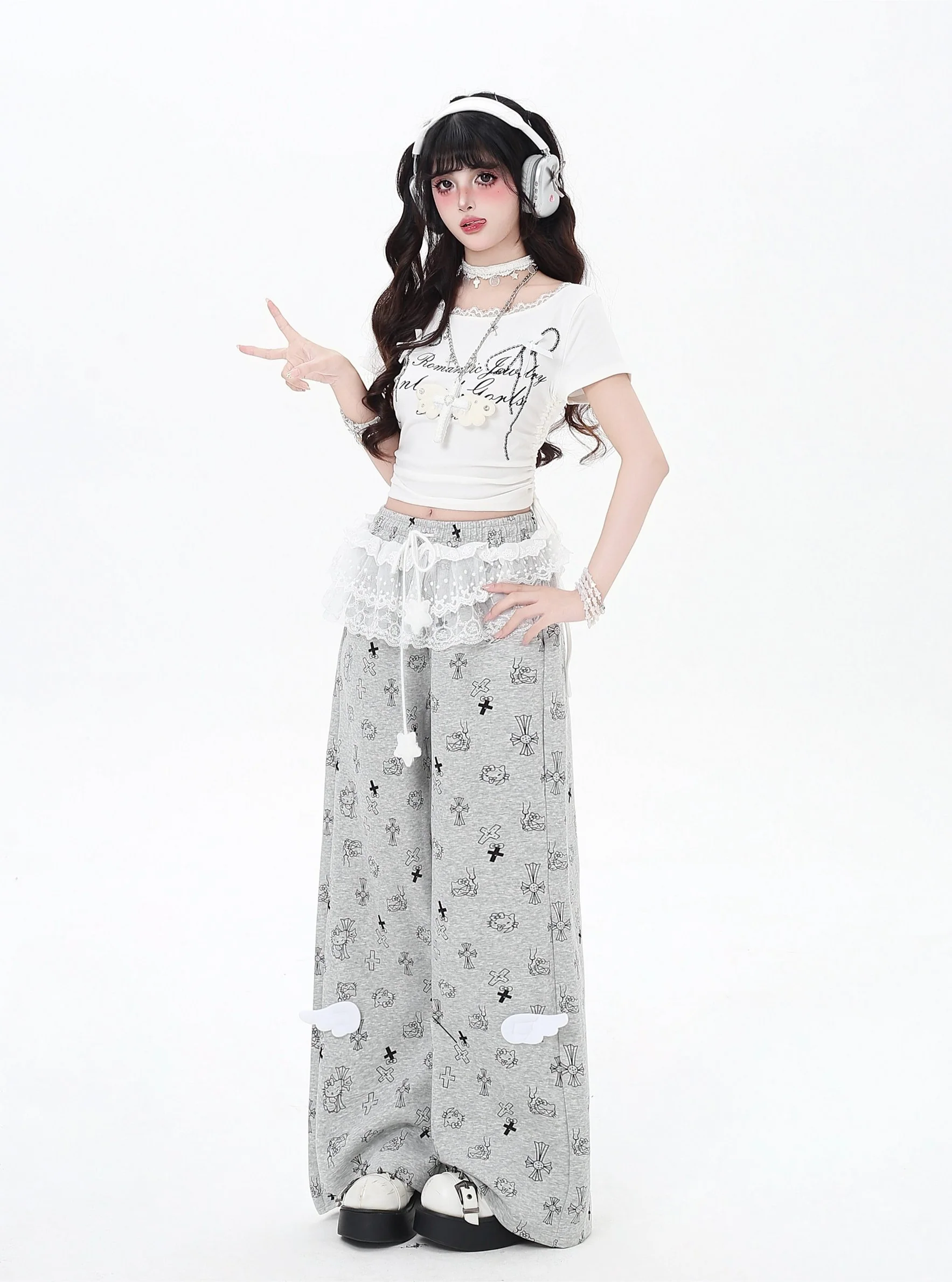 Crazy Girl Star Kitty Pink Black Gray Elastic Pants - Image 5