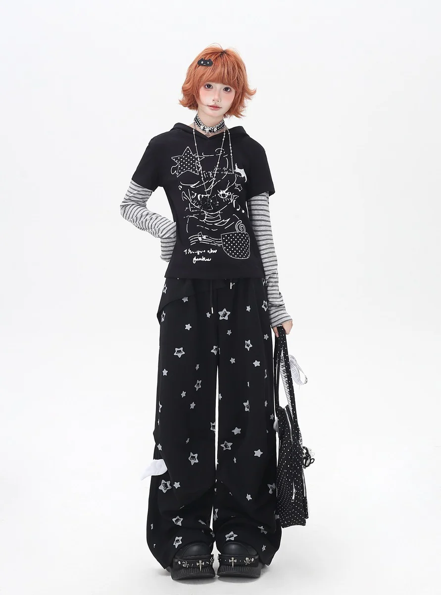 Crazy Girl Star Wings Black White Elastic Pants - Image 4